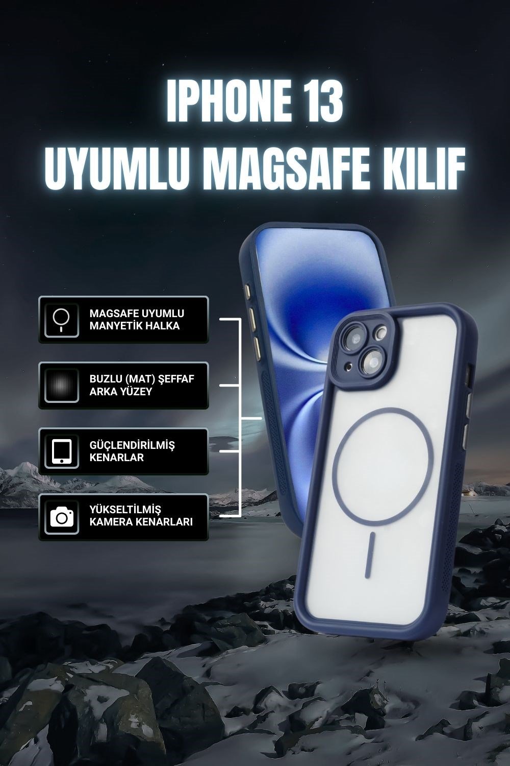 iPhone 13 Kılıf – Kamera Korumalı – MagSafe Uyumlu – Lacivert Renk – Mat Silikon Telefon Kılıfı
