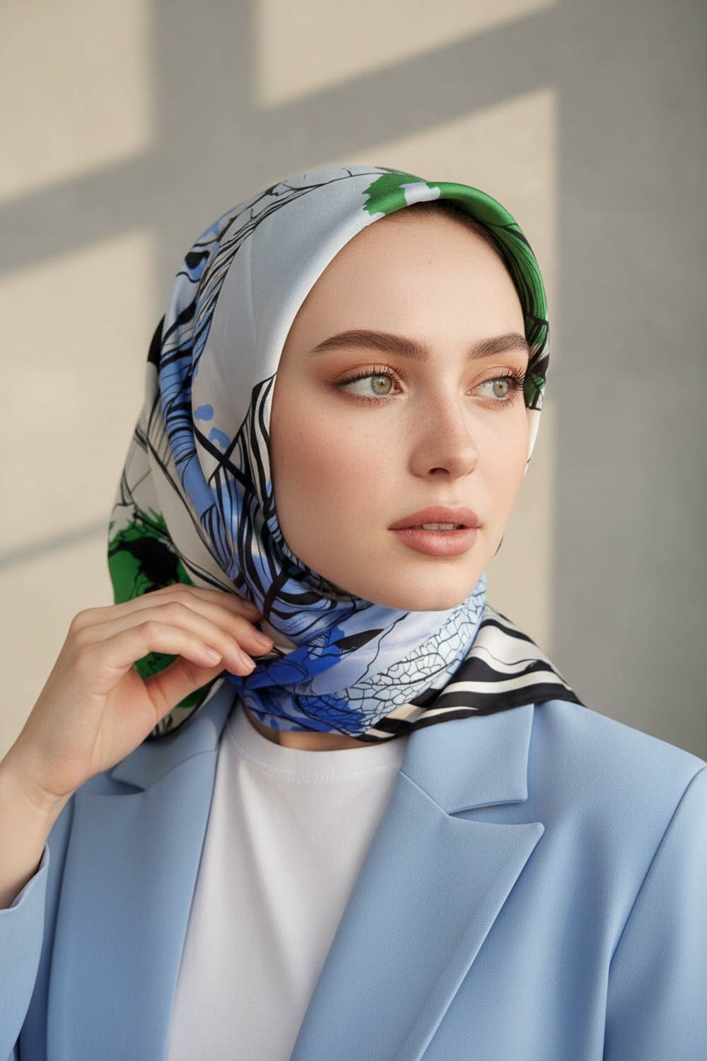 %100 Twill İpek Yaprak Desenli Saks - Zümrüt Yeşili Renkli 90x90 Eşarp Dikim Şekli : El Dikişi