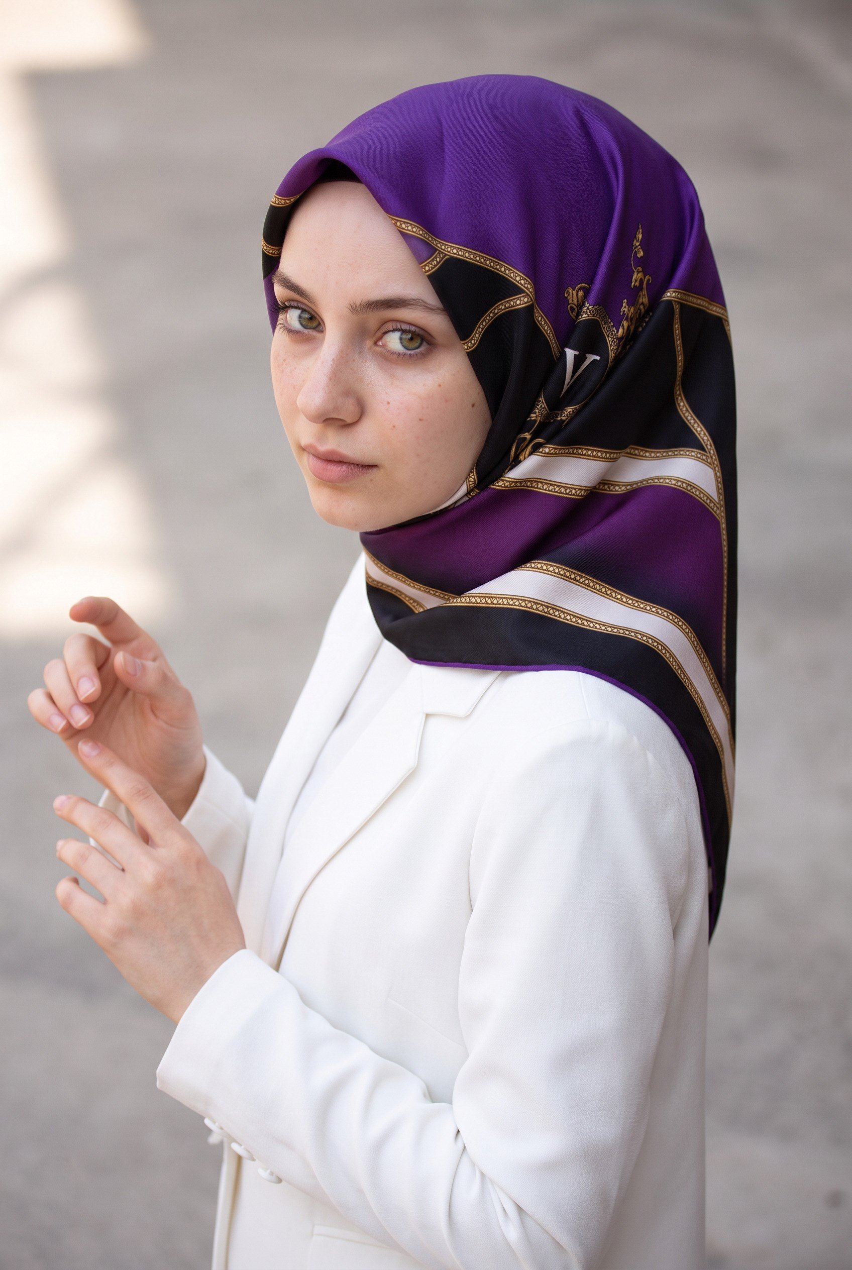 %100 Twill İpek Baroklu Ve Geometrik Desenli Mürdüm - Mor Renkli 90x90 Eşarp Dikim Şekli : El Dikişi