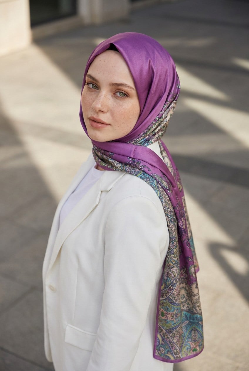 %100 Saf İpek Şal İnce Saten Vual Dokuma Etnik Desenli Mürdüm Renkli 90x210 Şal