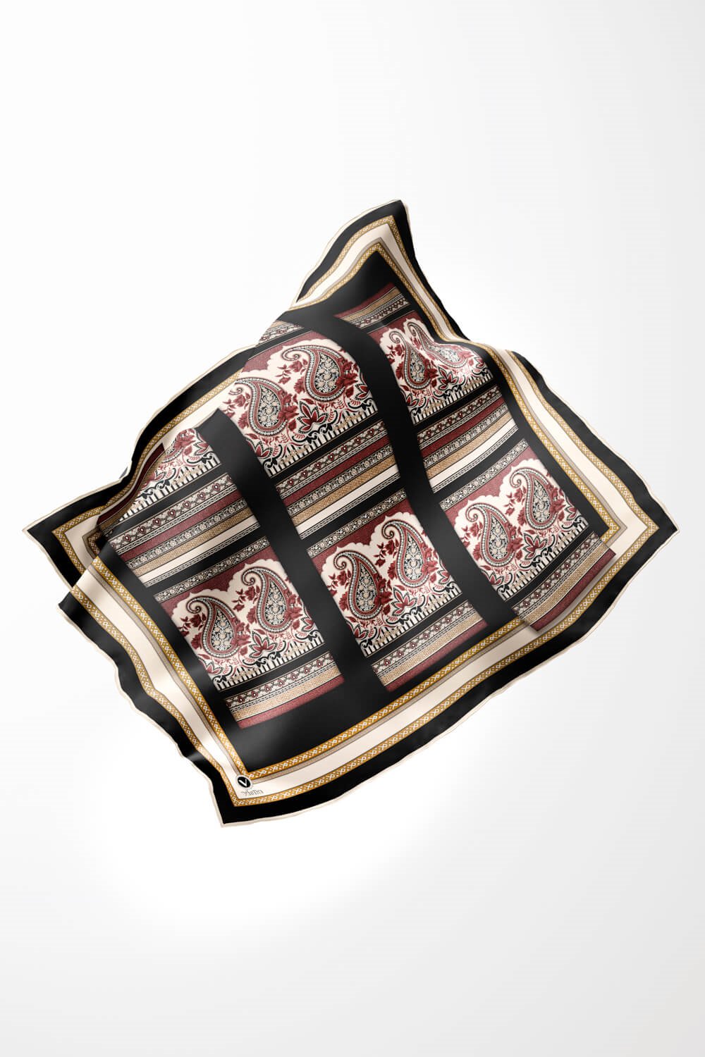 Twill Şal Desenli Siyah Renkli 90x90 Eşarp (İpek İçermez) Kenar Dikiş Şekli El Dikişli