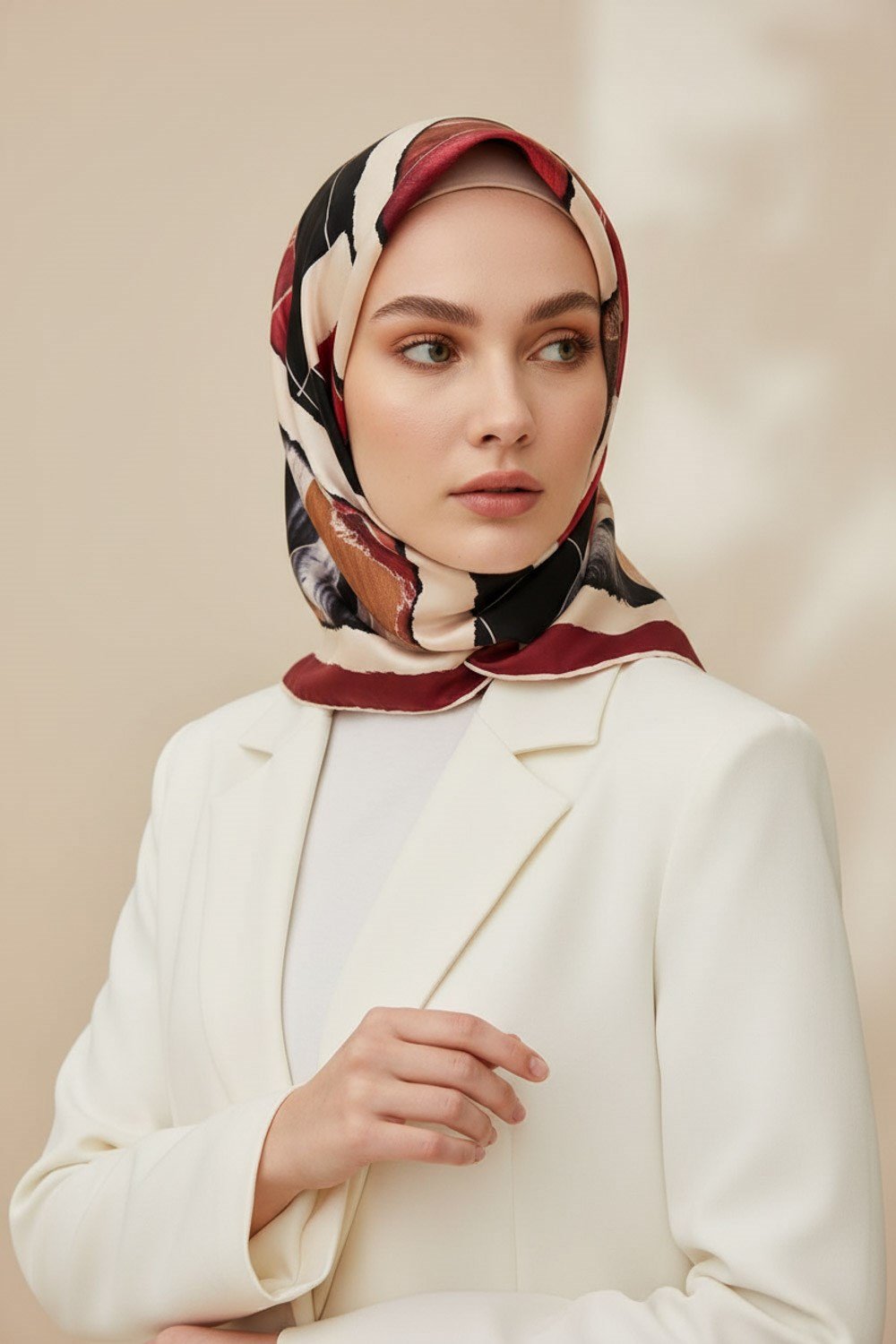 %100 Twill İpek Geometrik Desenli Bordo - Bej Renkli 90x90 Eşarp Dikim Şekli : El Dikişi