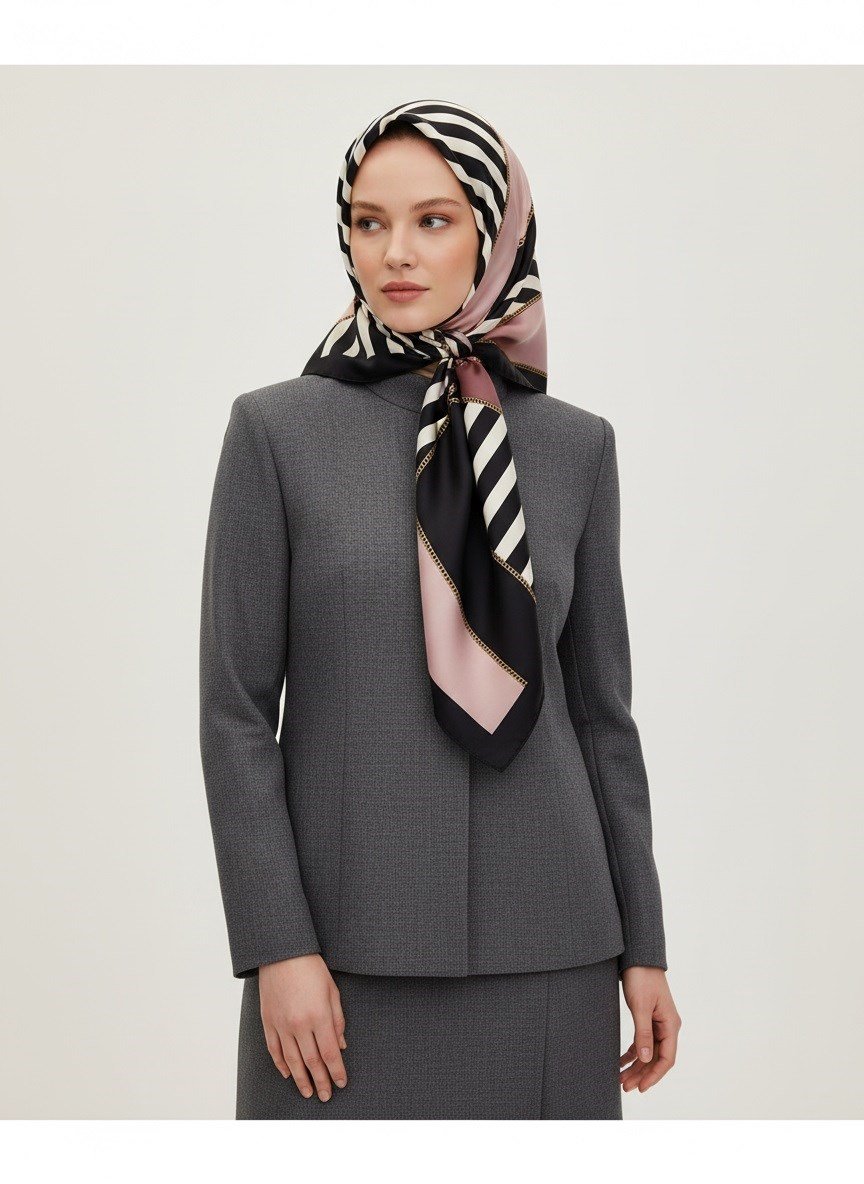 %100 Twill İpek Zincirli Çizgi Desenli Pudra - Siyah Renkli 90x90 Eşarp Dikim Şekli : El Dikişi