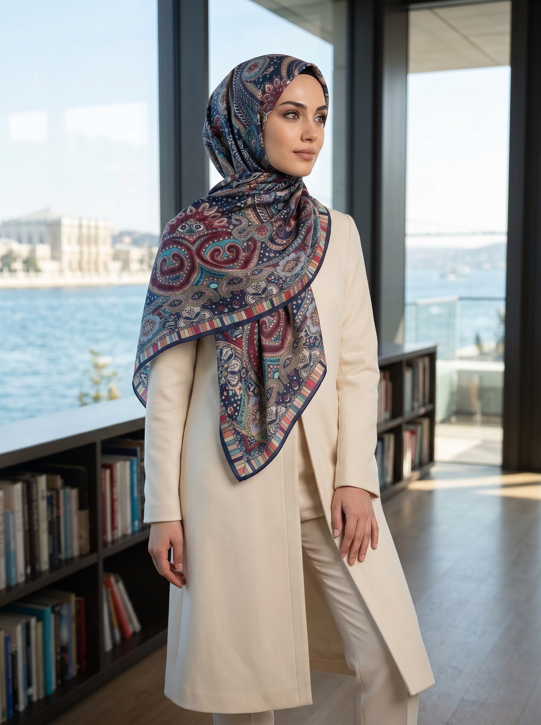 %100 Saf İpek Şal İnce Saten Vual Dokuma Etro Desenli Lacivert Renkli 90x210 Şal