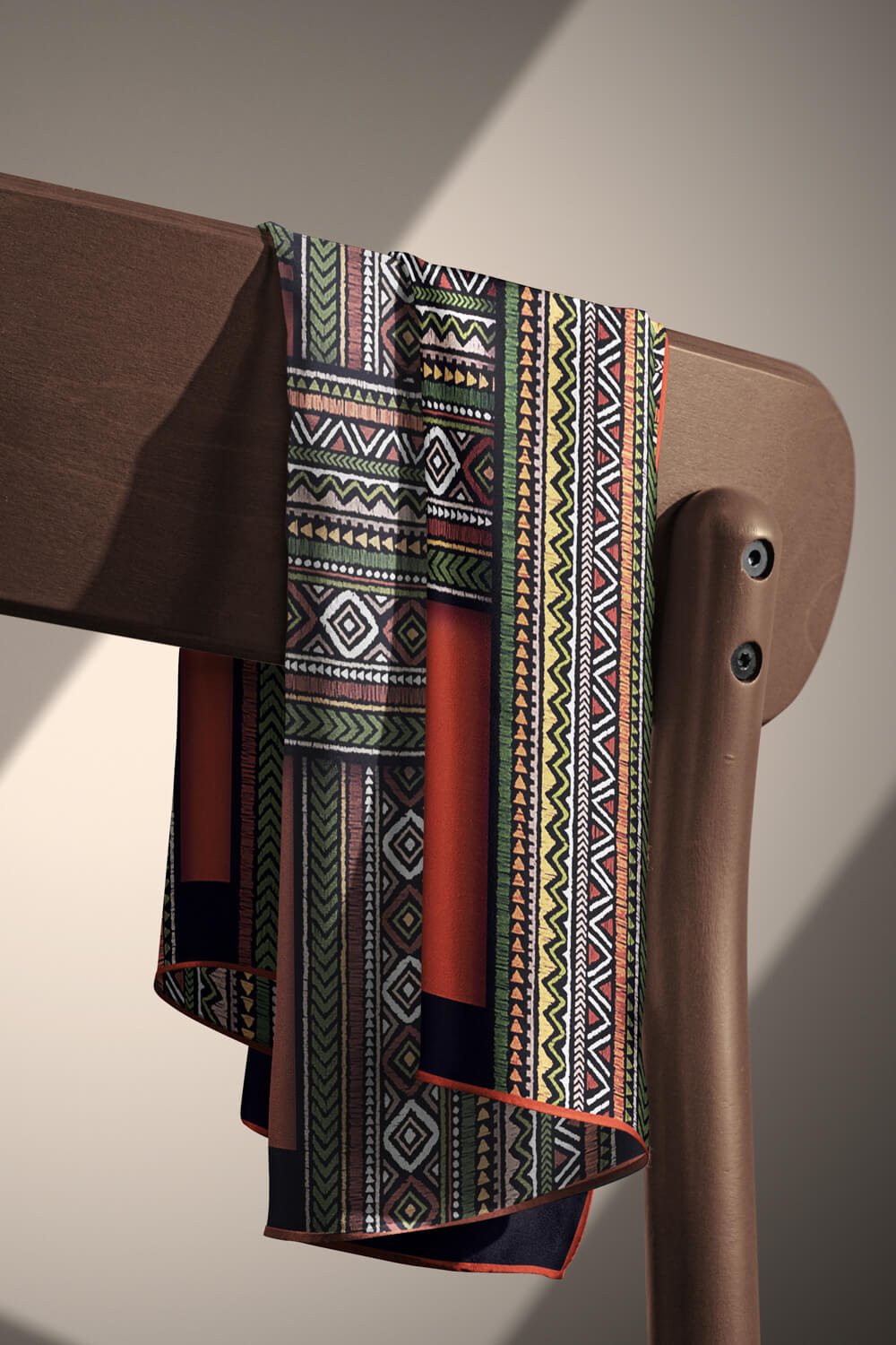 % 57 İPEK % 43 VİSKON Twill İpek Etnik Desenli Taba - Haki Renkli 90x90 Eşarp Dikim Şekli : El Dikişi
