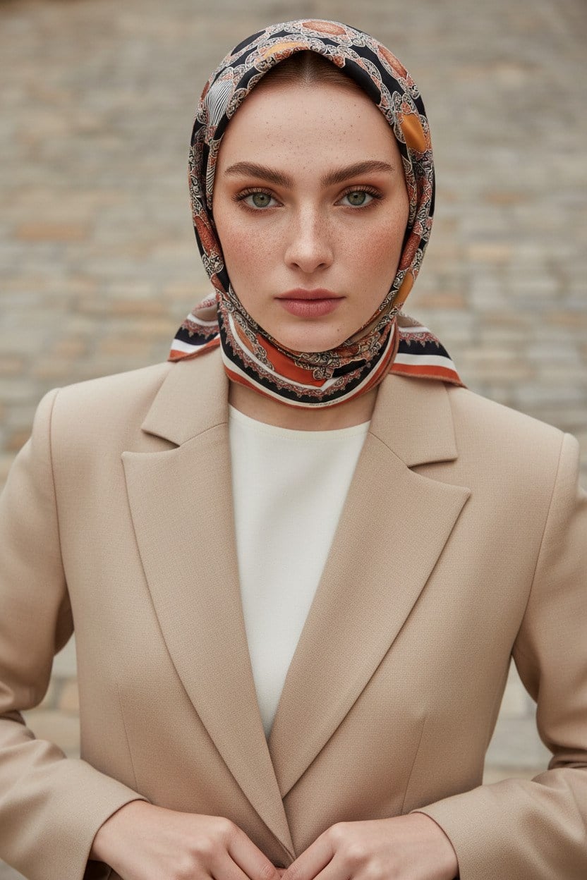 %100 Twill Türk Motifi  Desenli Bej - Taba Renkli 90x90 Eşarp Dikim Şekli: El Dikişi