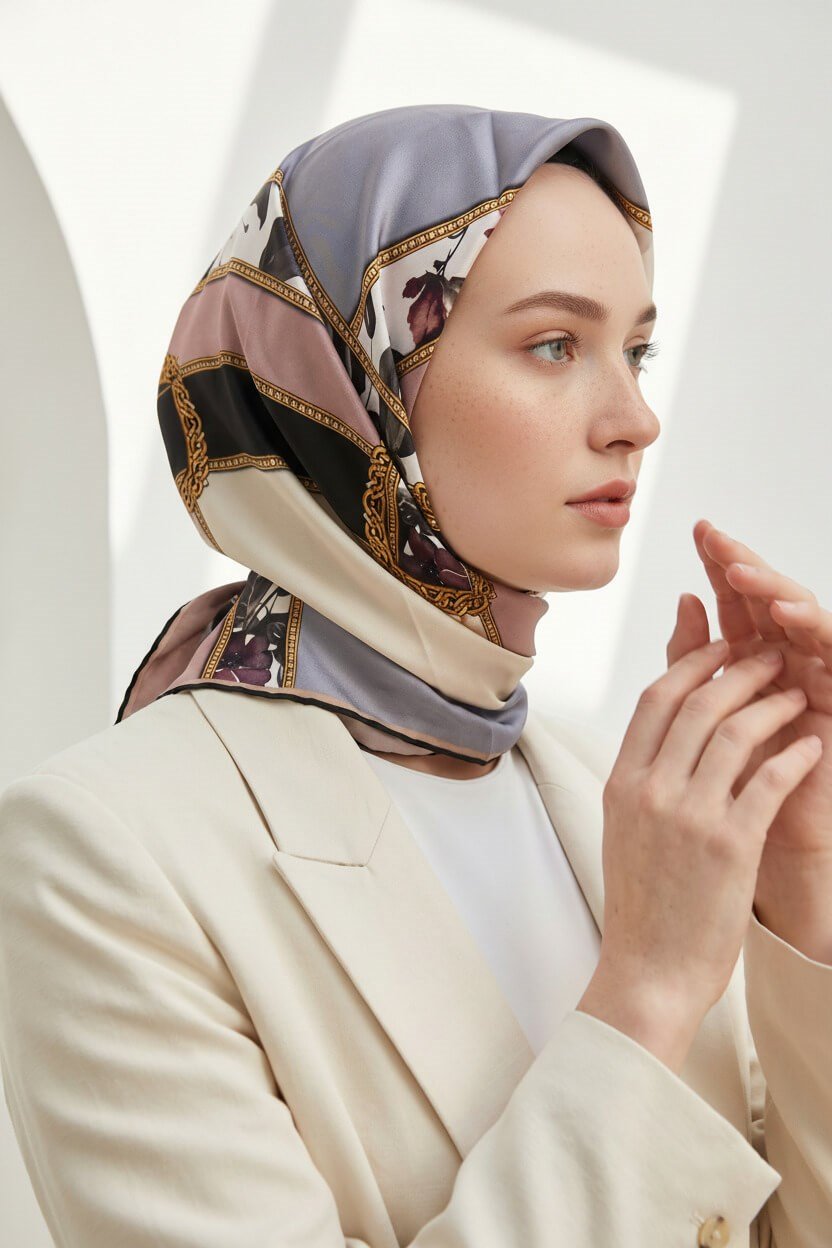 100% Twill İpek Şeritli Çiçek Desenl Gri - Pudra Renkli 90x90 Dikim Şekli : El Dikişi Eşarp