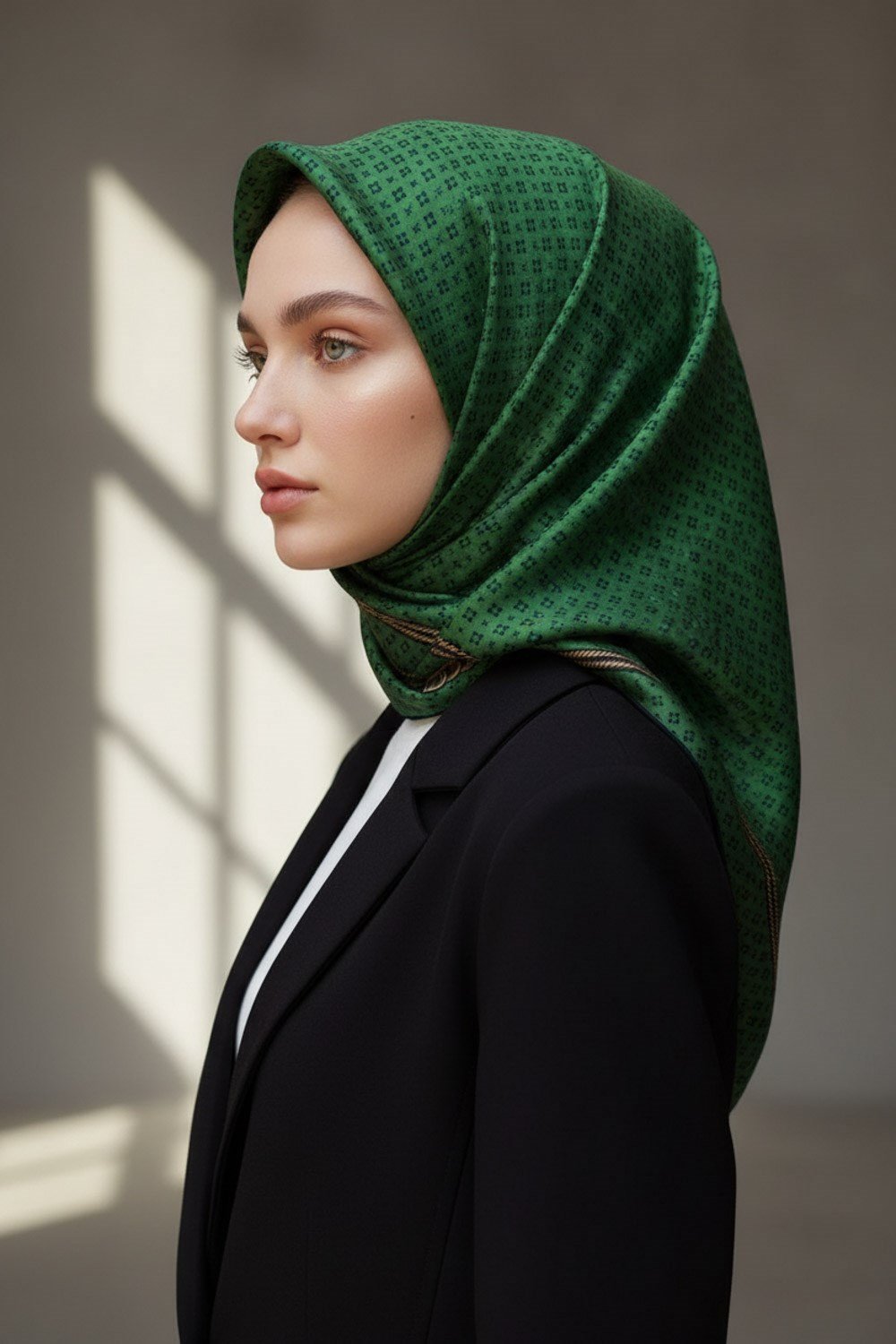 %100 Twill İpek Zincir Desenli Zümrüt Yeşili - Siyah Renkli 90x90 Eşarp Dikim Şekli : El Dikişi