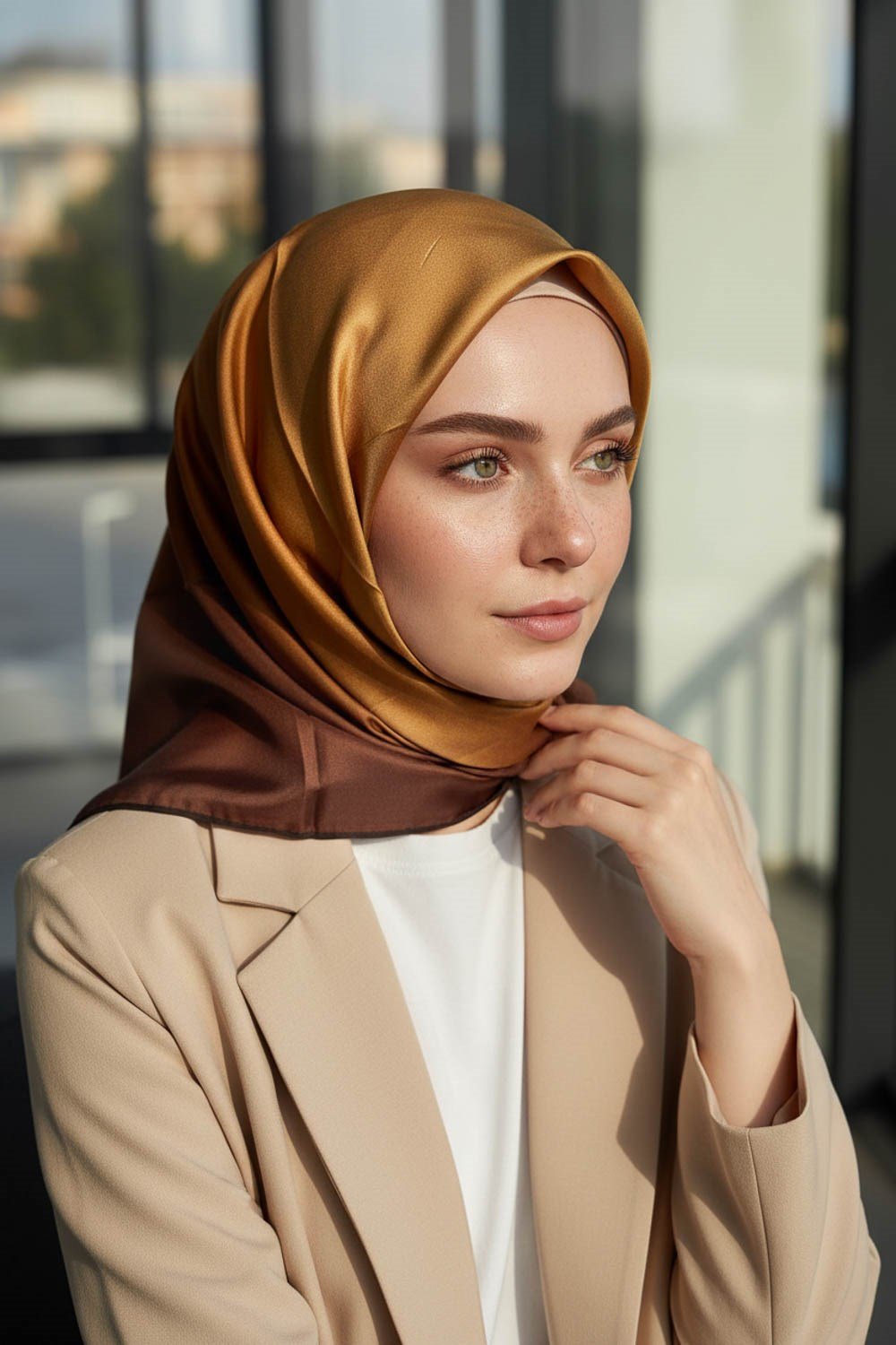 %100 Twill İpek Eşarp 90x90 Gold Degrade Desenli El Dikişli Kadın Eşarp