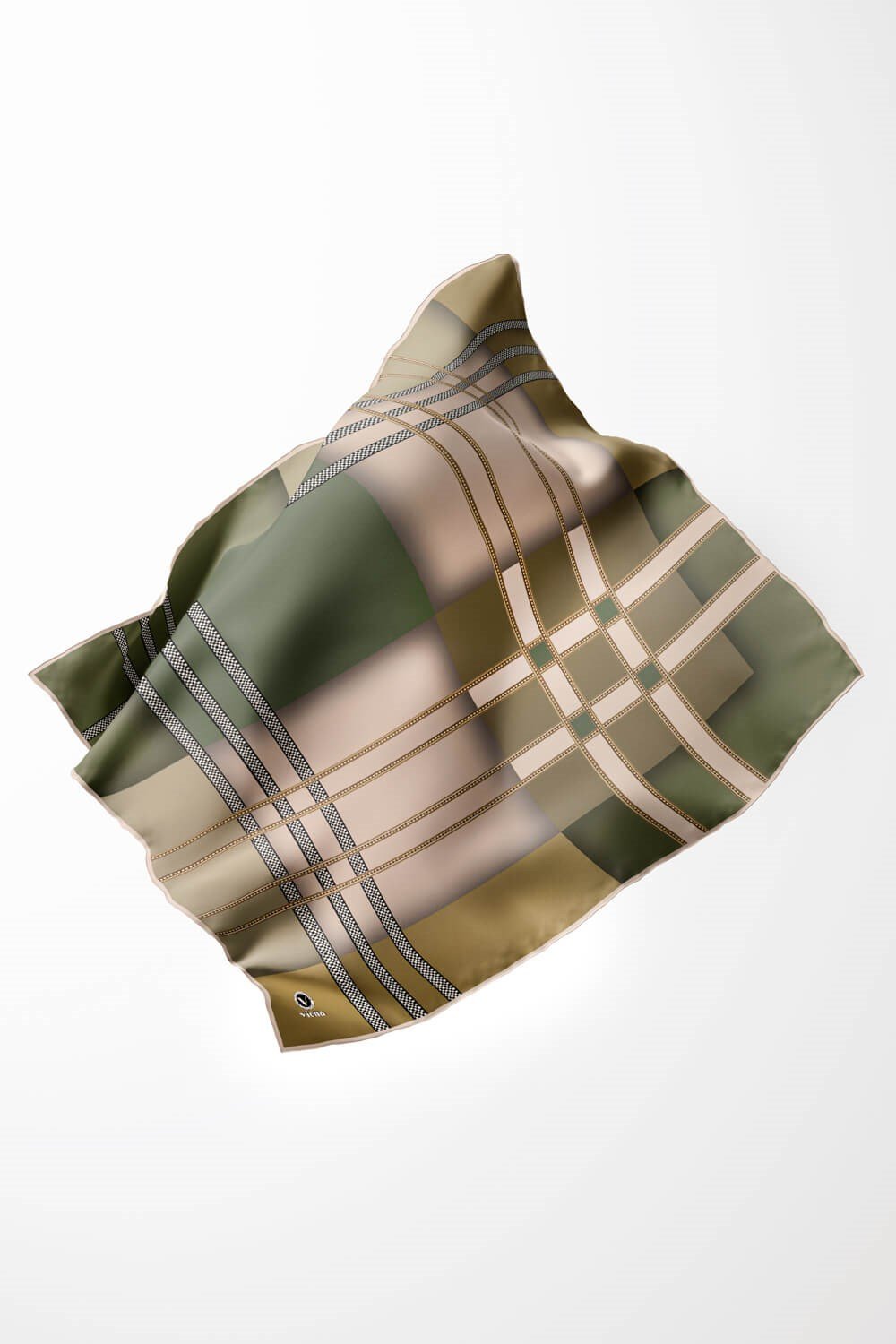 Twill Geometrik Desenli Zümrüt Yeşili - Haki Yeşili Renkli 90x90 Eşarp (İpek İçermez) Kenar Dikiş Şekli El Dikişli