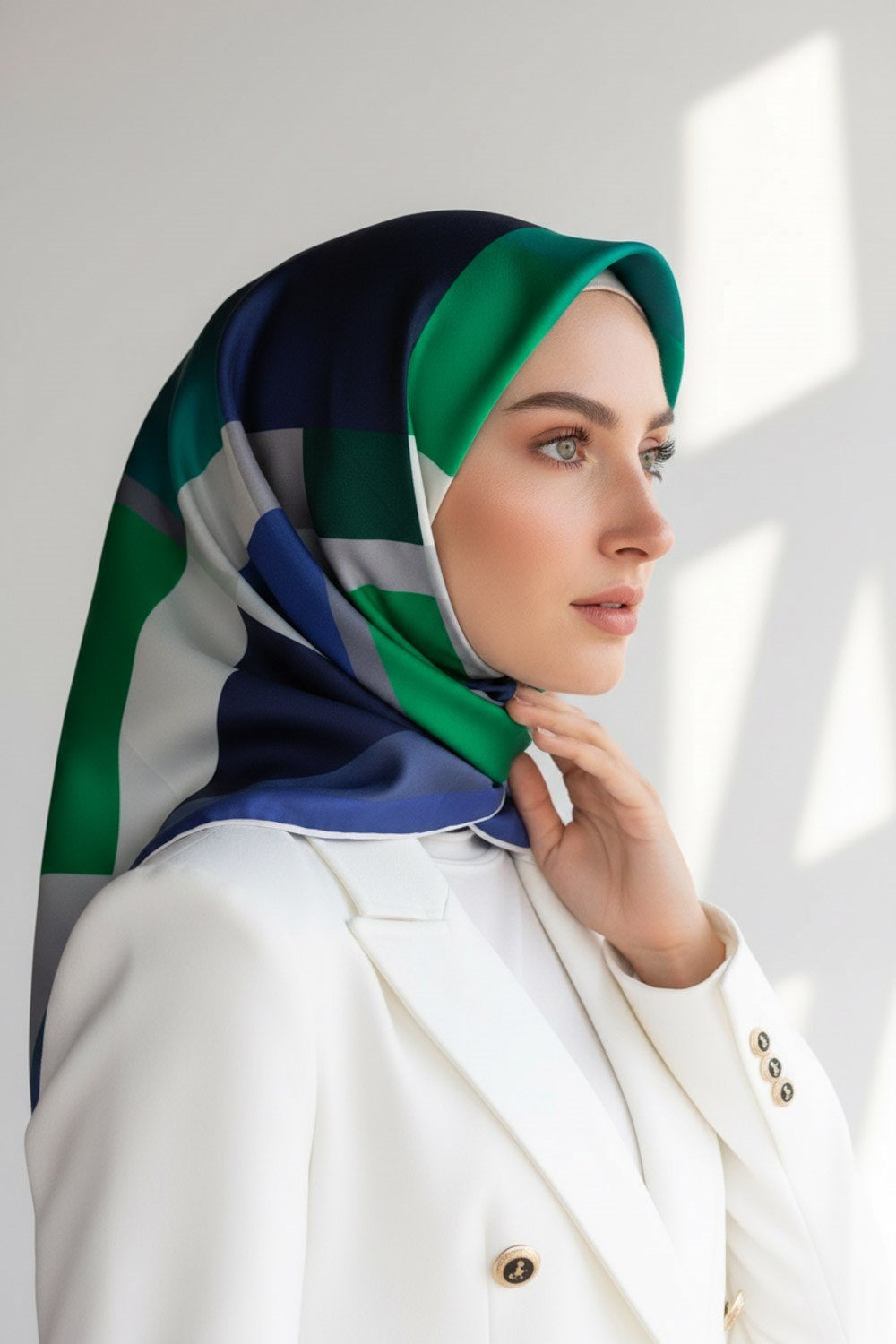 % 57 İPEK % 43 VİSKON Twill İpek Geometrik Desenli Zümrüt Yeşili - Saks Renkli 90x90 Eşarp Dikim Şekli : El Dikişi