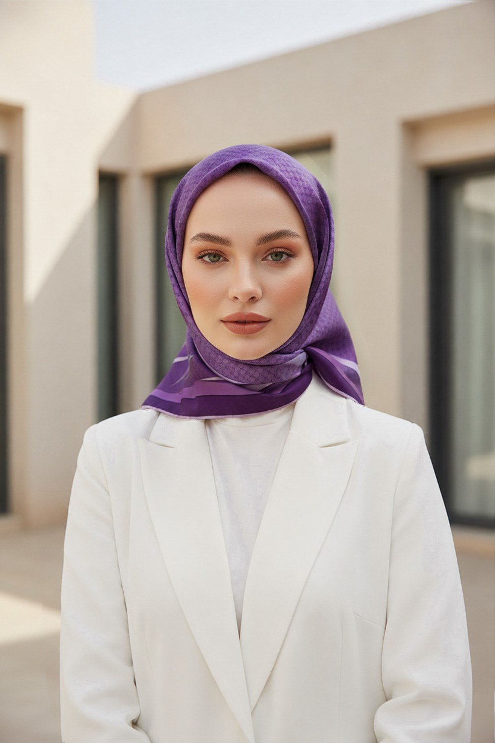 %100 Twill İpek Degrade Desenli Mor - Lila Renkli 90x90 Eşarp Dikim Şekli : El Dikişi