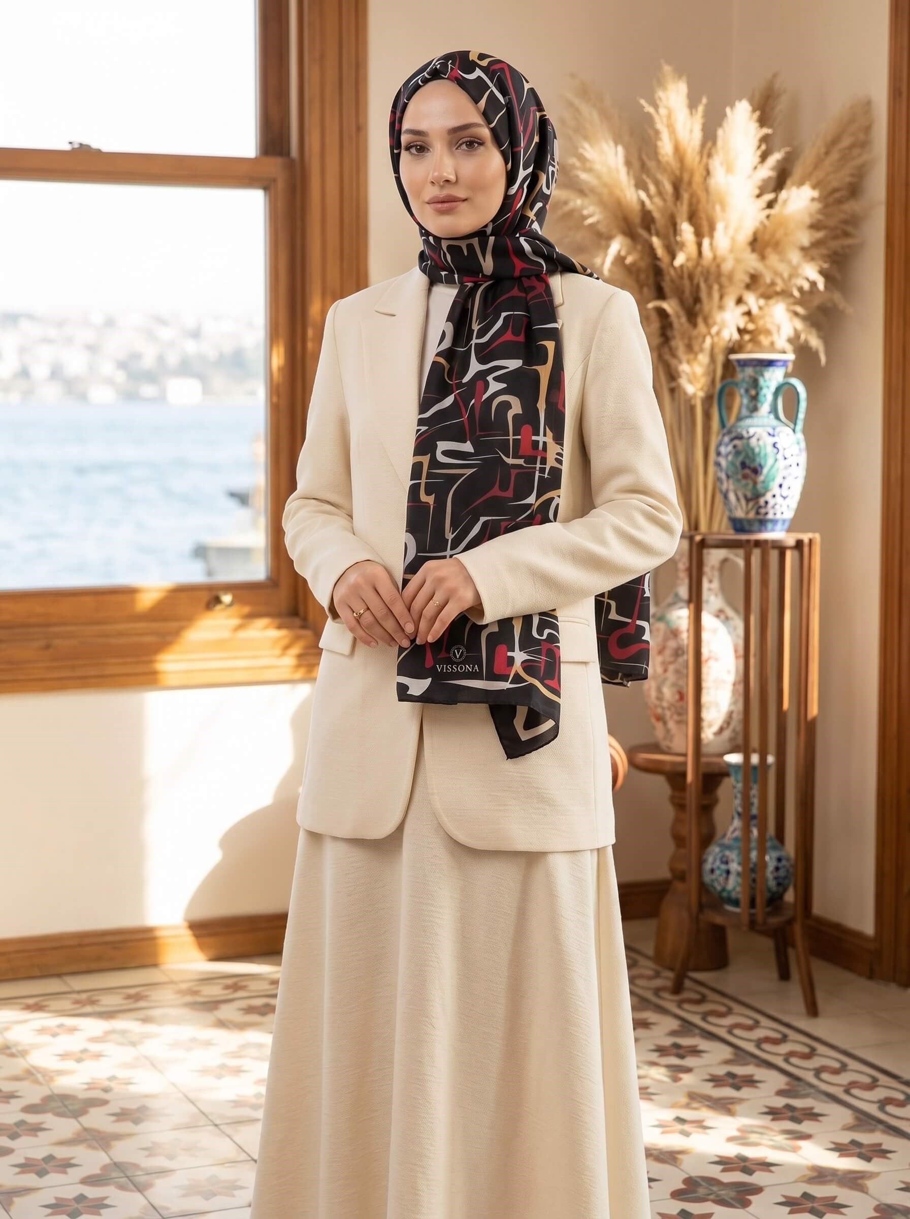 %100 Saf İpek Şal İnce Saten Vual Dokuma Çizgili Desenli Siyah - Bordo Renkli 90x210 Şal