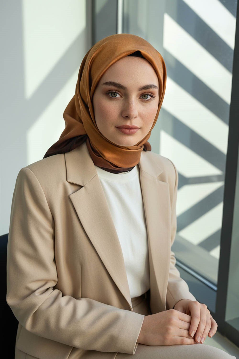 %100 Twill İpek Eşarp 90x90 Gold Degrade Desenli El Dikişli Kadın Eşarp