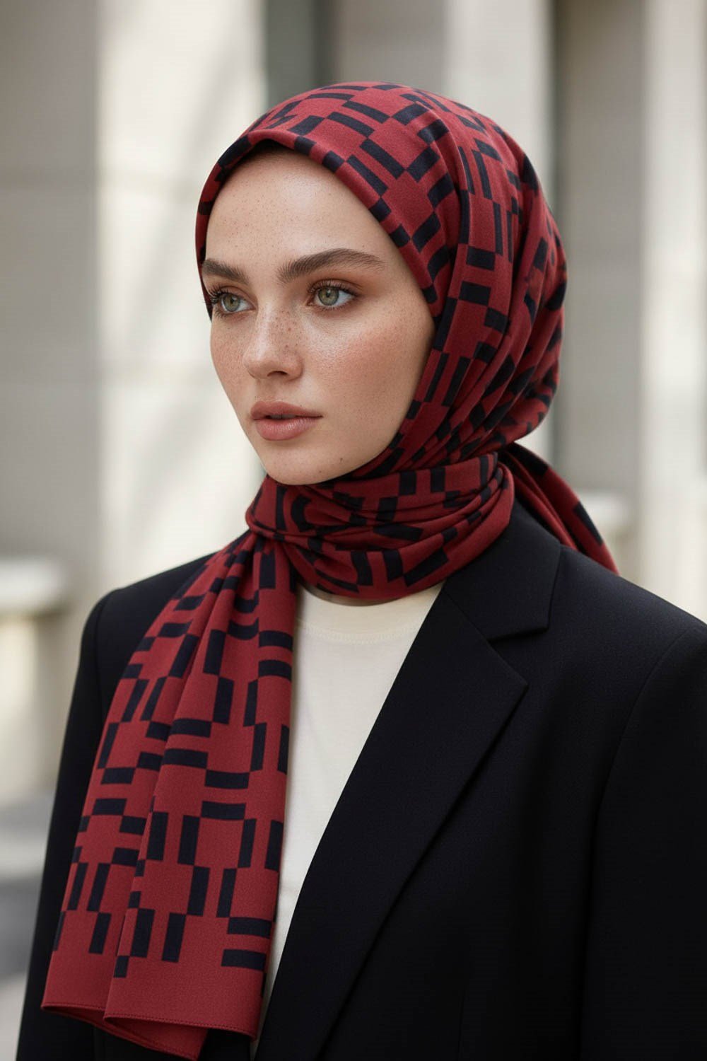 KREP MONOGRAM DESENLİ BORDO RENKLİ 75X195 KIRIŞMAZ ŞAL