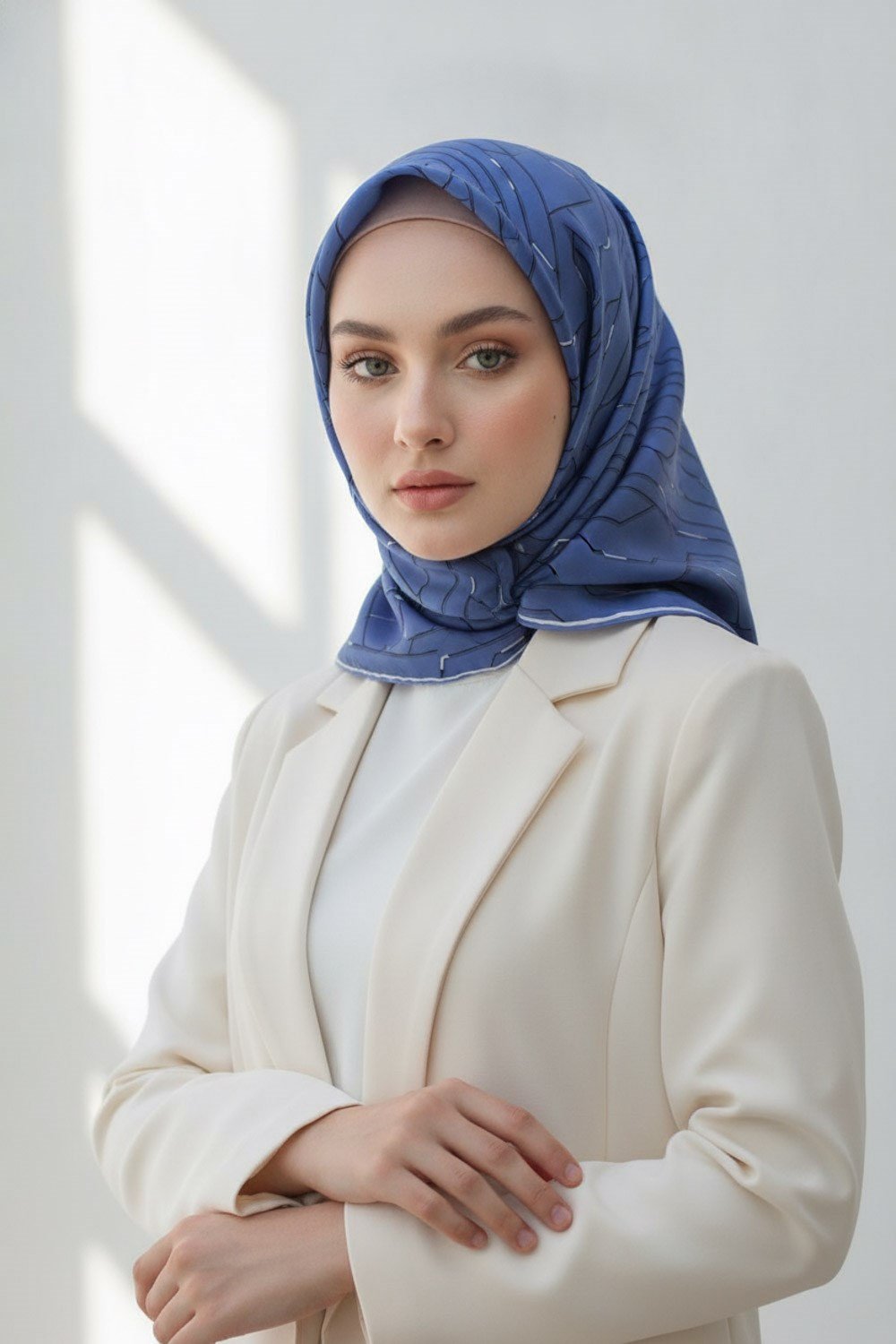 %100 Twill İpek Geometrik Desenli İndigo Renkli 90x90 Eşarp Dikim Şekli : El Dikişi