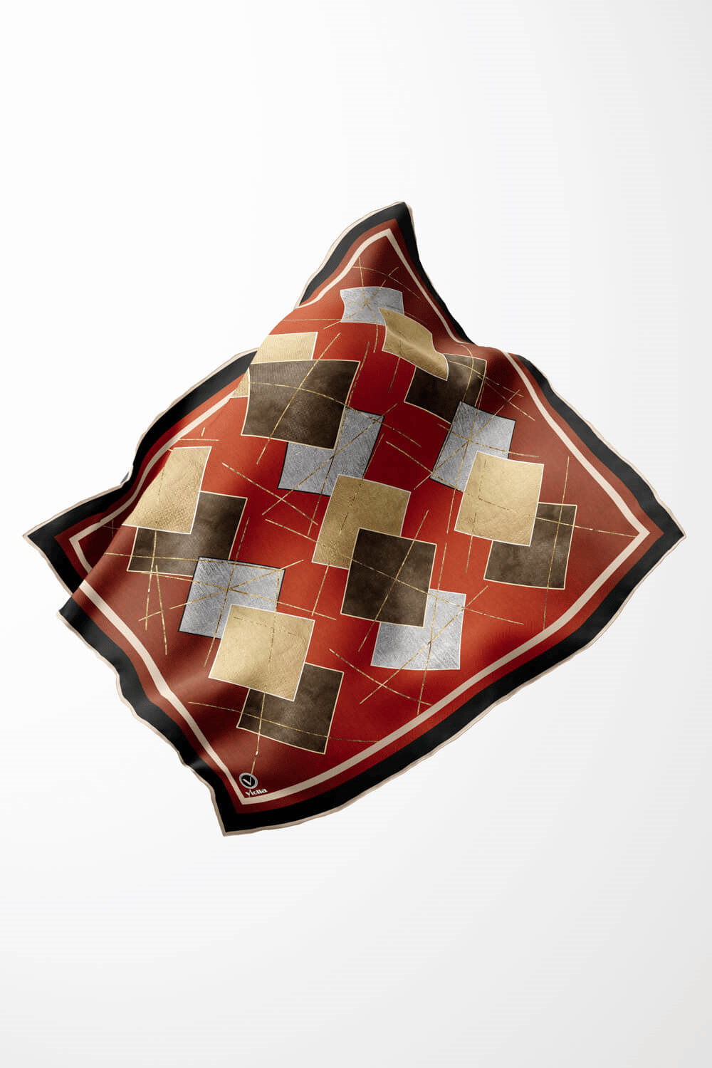 Twill Geometrik Desenli Taba Renkli 90x90 Eşarp (İpek İçermez) Kenar Dikiş Şekli El Dikişli