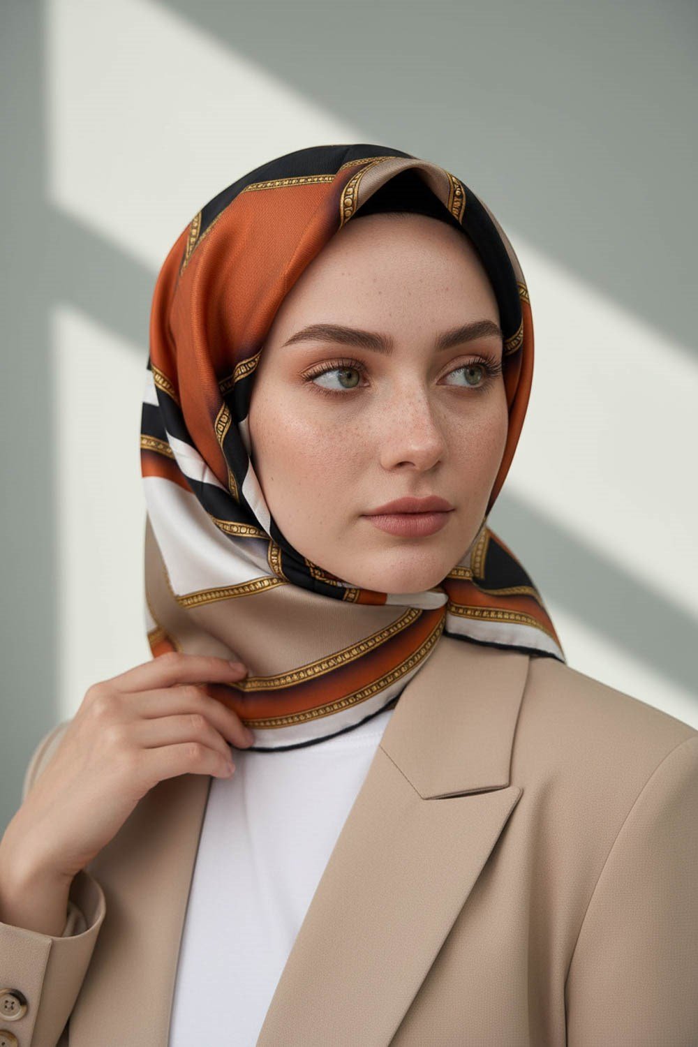 %100 Twill İpek Geometrik Desenli Taba - Bej Renkli 90x90 Eşarp Dikim Şekli : El Dikişi