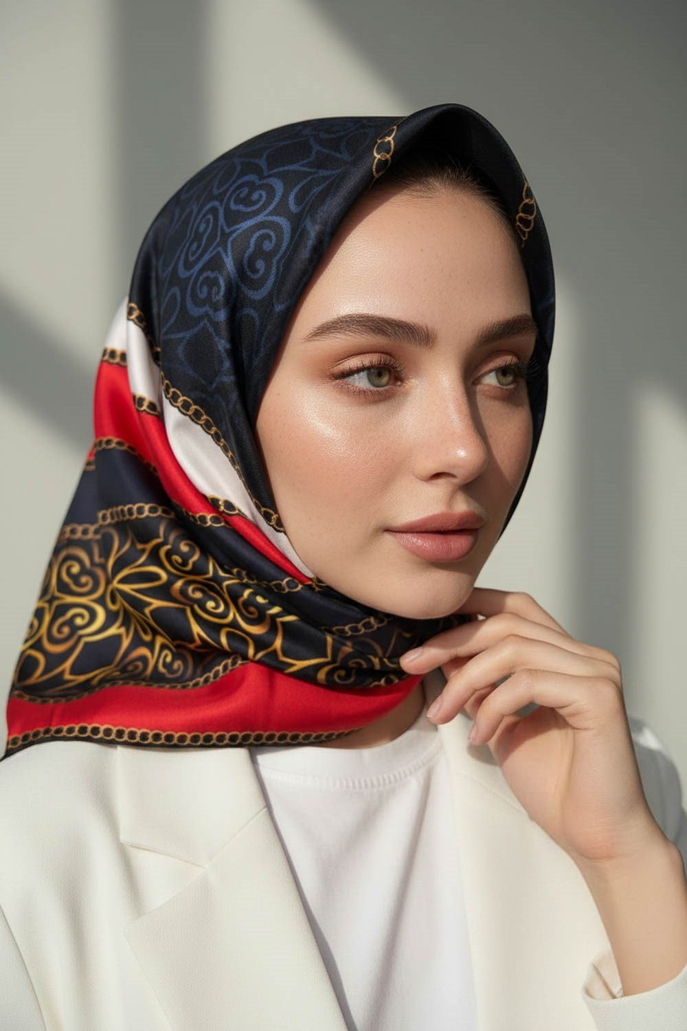 %100 Twill İpek Eşarp 90x90 Pudra Krem Zincir Desenli El Dikişli Kadın Eşarp