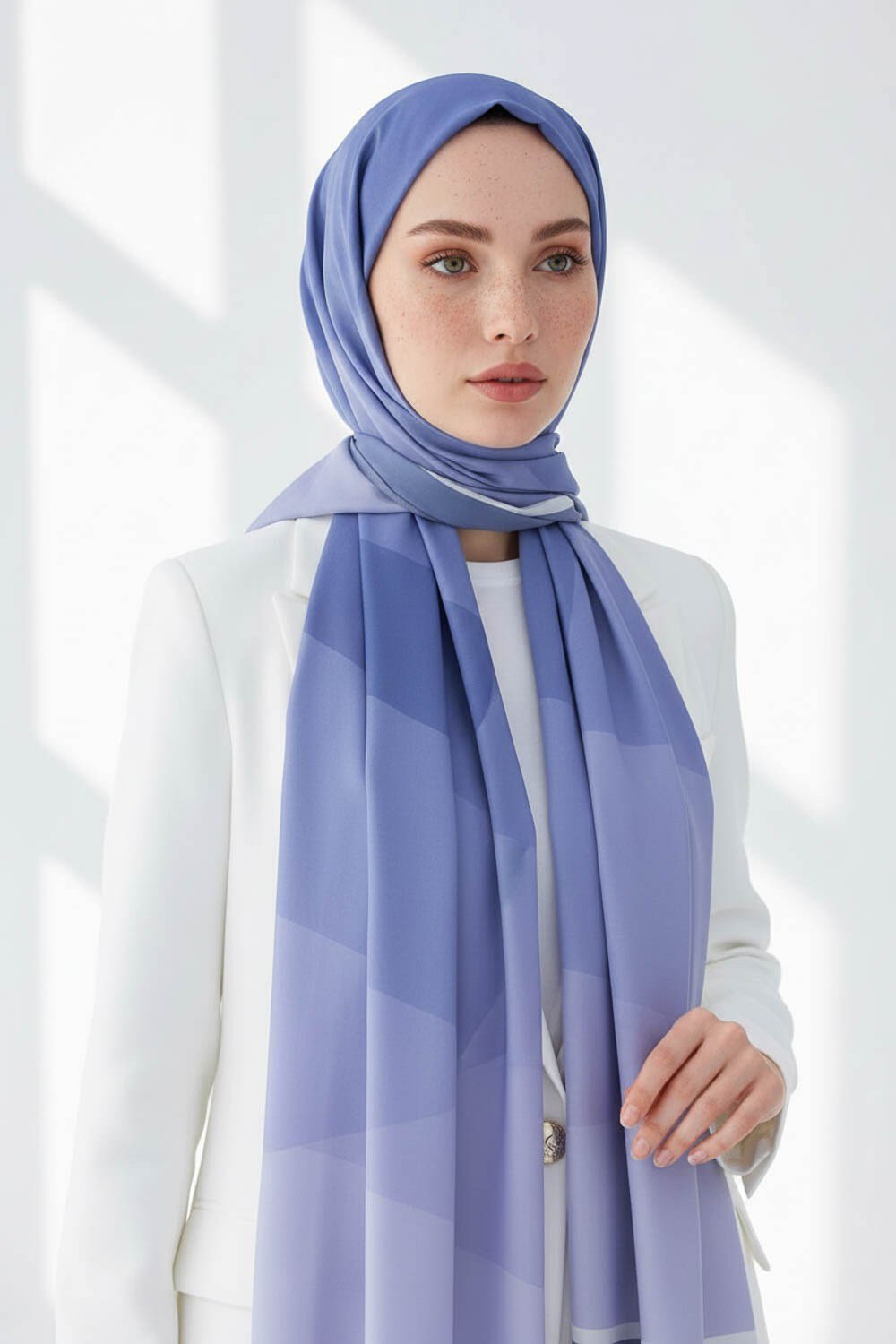 KREP GEOMETRİ DESENLİ BEBE MAVİSİ RENKLİ 75X195 KIRIŞMAZ ŞAL