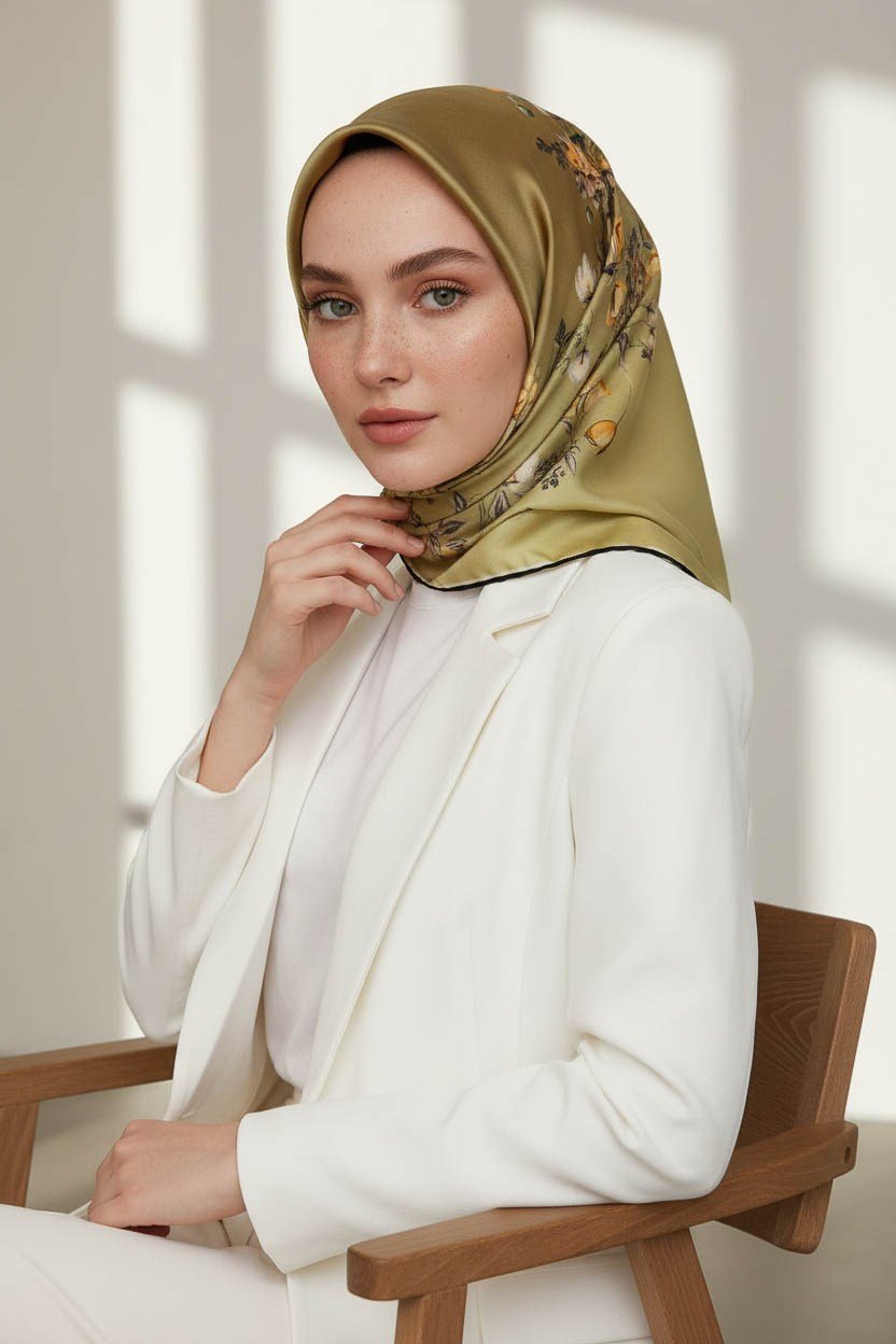 %100 Twill İpek Sonsuz Çiçek Desenli Yağ Yeşili Renkli 90x90 Eşarp Dikim Şekli : El Dikişi