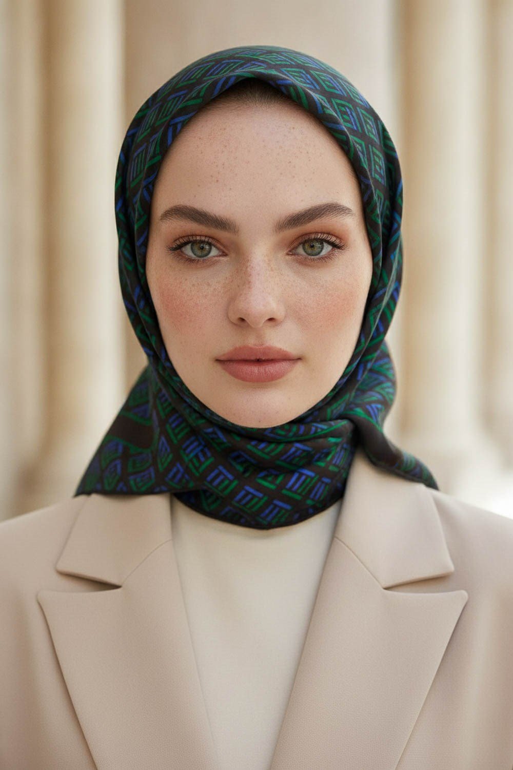 % 57 İPEK % 43 VİSKON Twill İpek Geometrik Desenli Zümrüt Yeşili - Saks Renkli 90x90 Eşarp Dikim Şekli : El Dikişi