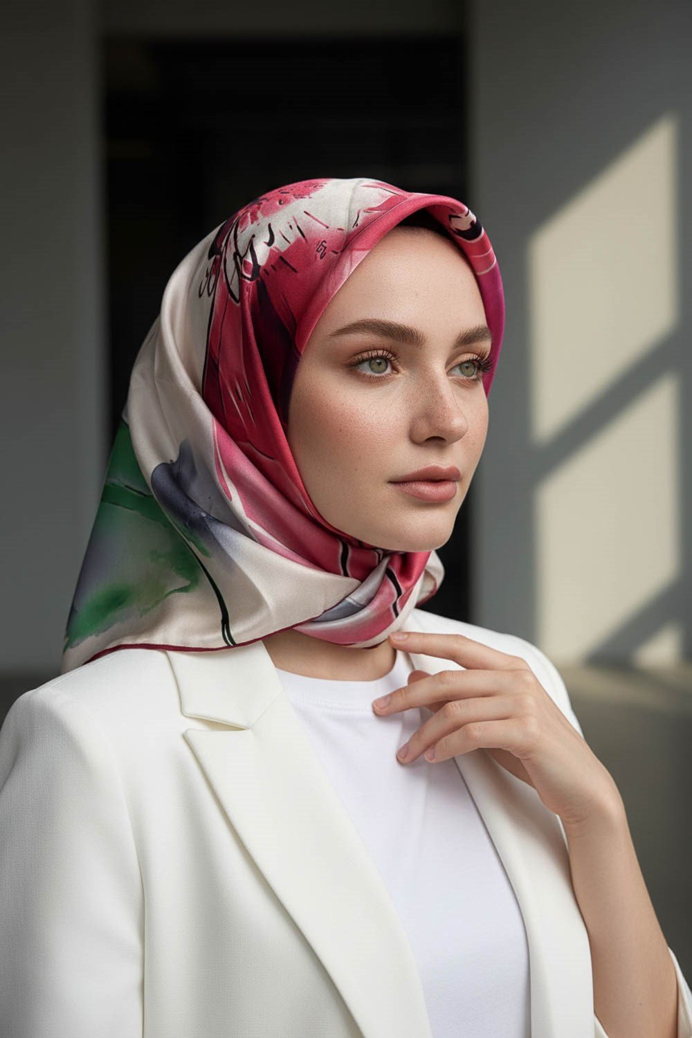 %100 Twill İpek Sulu Boya Çiçek Desenli Kırmızı - Fuşya Renkli 90x90 Eşarp Dikim Şekli : El Dikişi