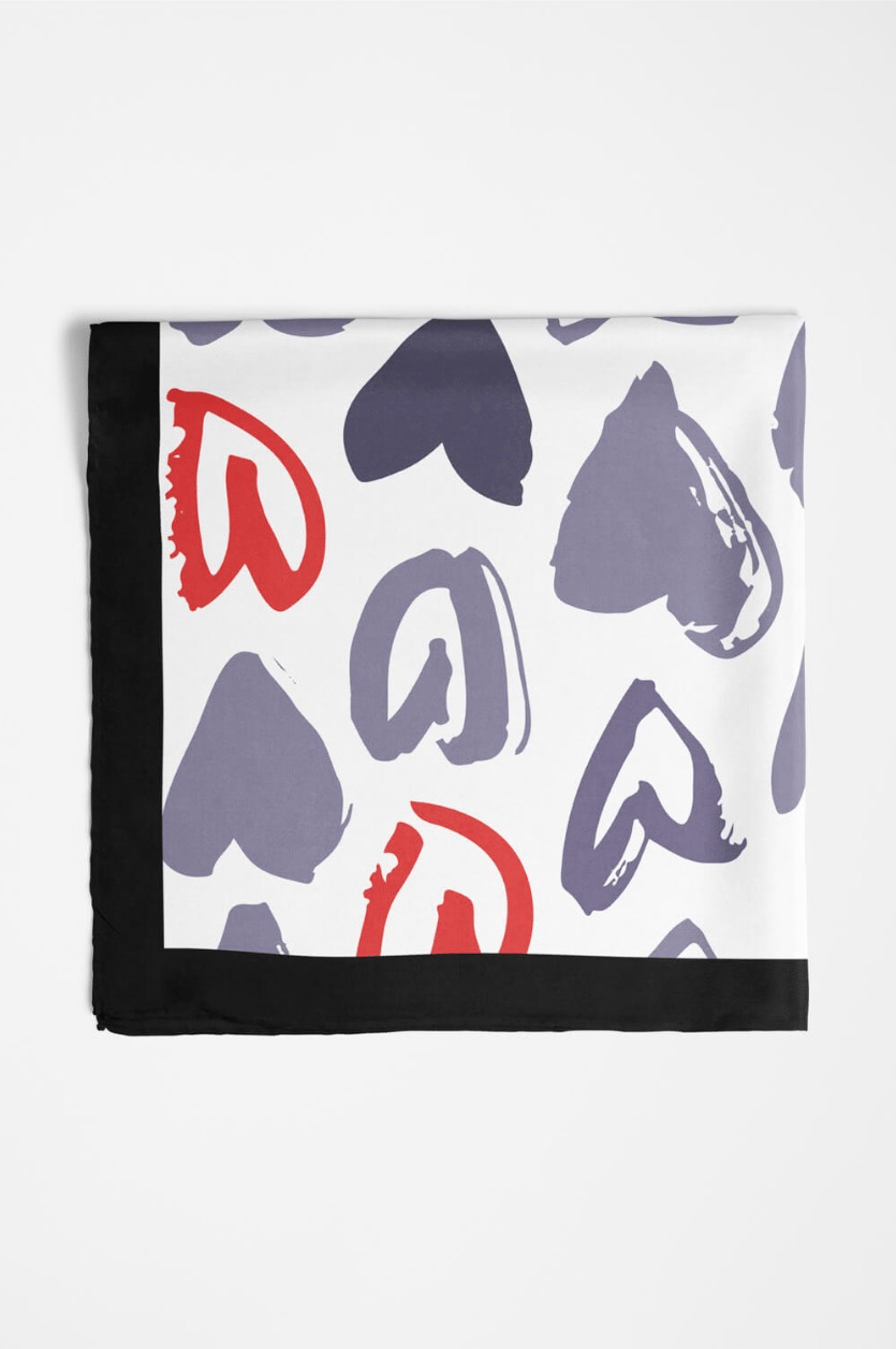D119 Kadın Kalp Desenli Bandana 50x50 Kırmızı Gri - DG0386