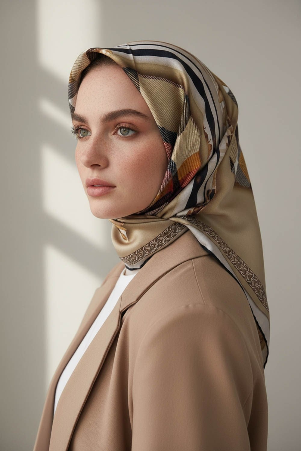 %100 Twill İpek Ekose Desenli Bej - Kırmızı Renkli 90x90 Eşarp Dikim Şekli : El Dikişi