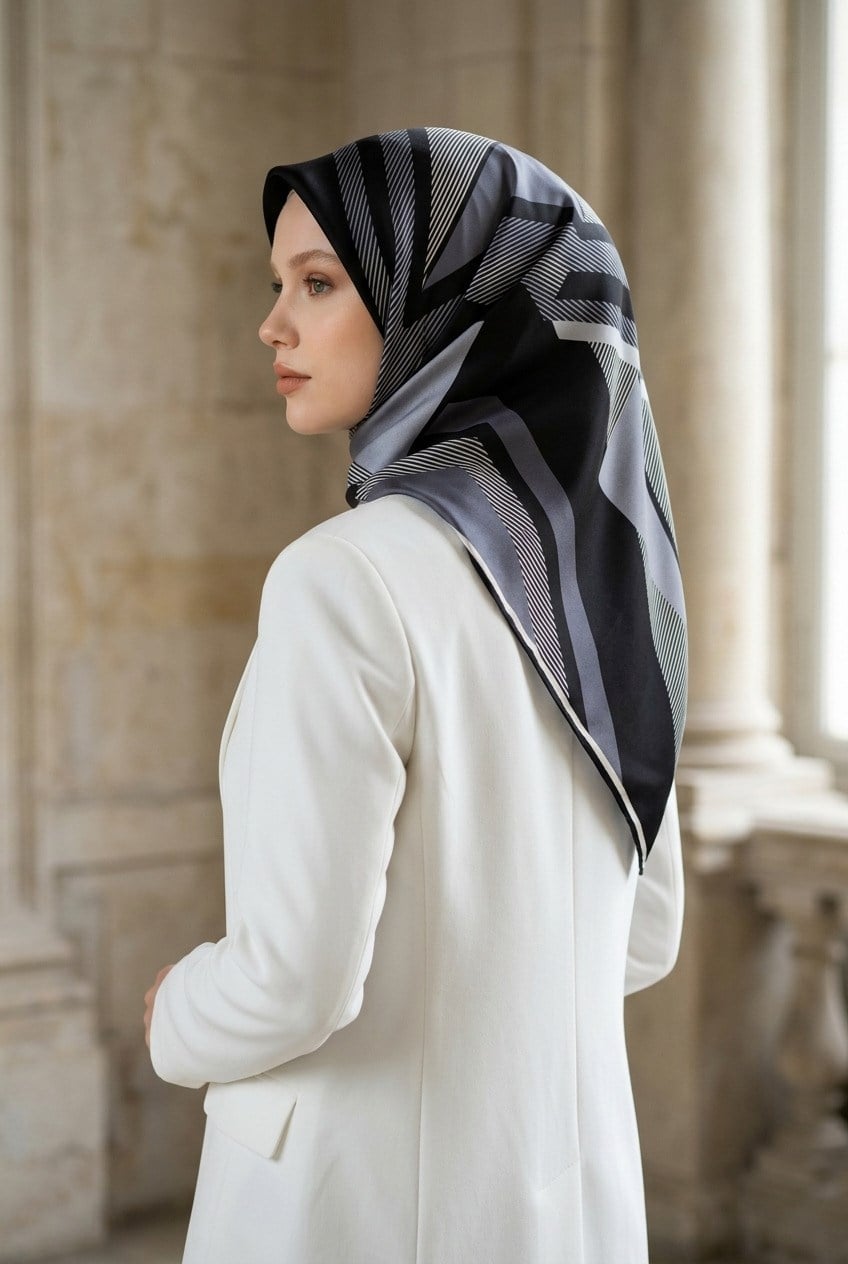 %100 Twill İpek Geometrik Desenli Siyah - Gri Renkli 90x90 Eşarp Dikim Şekli : El Dikişi