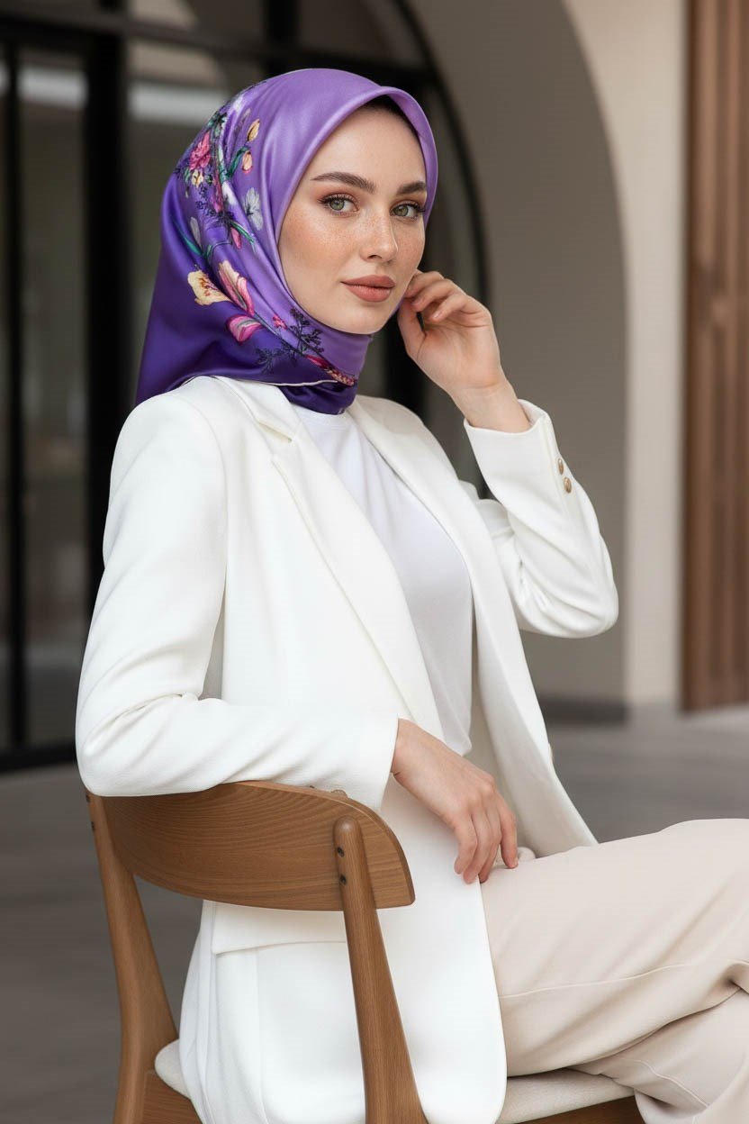 %100 Twill İpek Sonsuz Çiçek Desenli Lila Renkli 90x90 Eşarp Dikim Şekli : El Dikişi