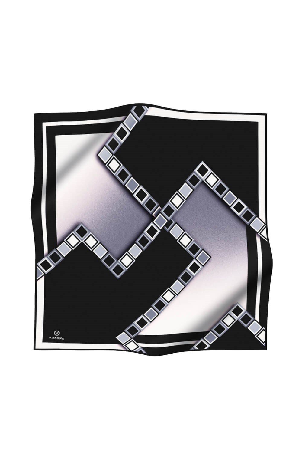 %100 Twill İpek Geometrik Desenli Siyah - Gri Renkli 90x90 Eşarp Dikim Şekli : El Dikişi
