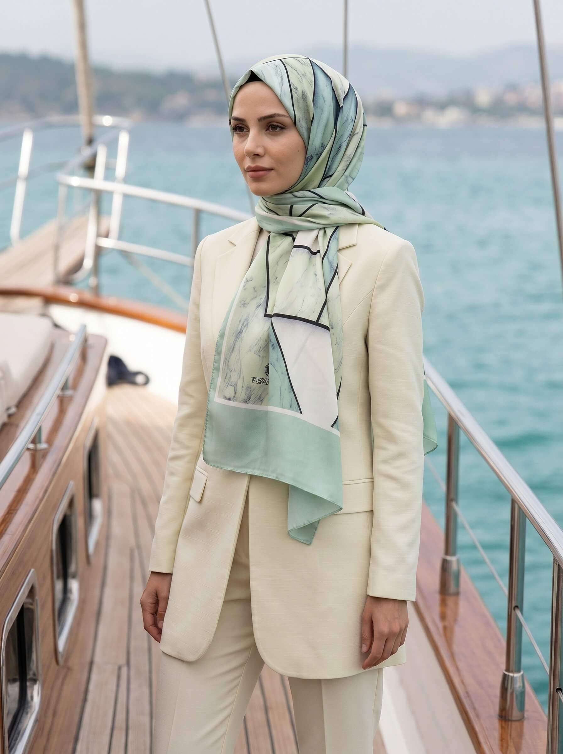 %100 Saf İpek Şal İnce Saten Vual Dokuma Mermer Desenli Mint Yeşili - Haki Renkli 90x210 Şal