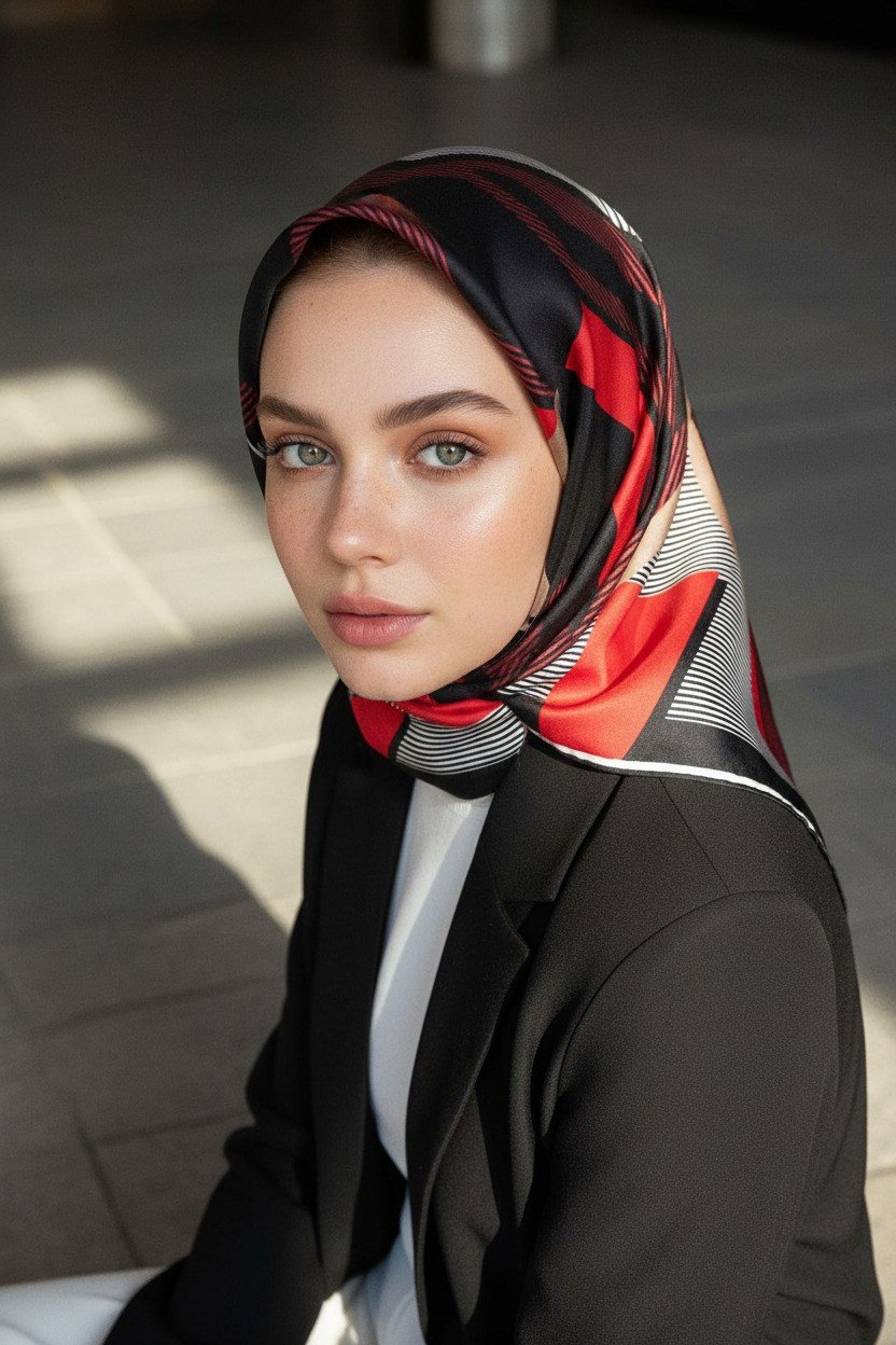 %100 Twill İpek Geometrik Desenli Bordo - Siyah Renkli 90x90 Eşarp Dikim Şekli : El Dikişi
