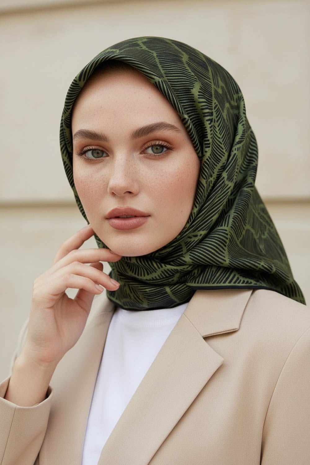 %100 Twill İpek Geometrik Desenli Haki - Siyah Renkli 90x90 Eşarp Dikim Şekli : El Dikişi