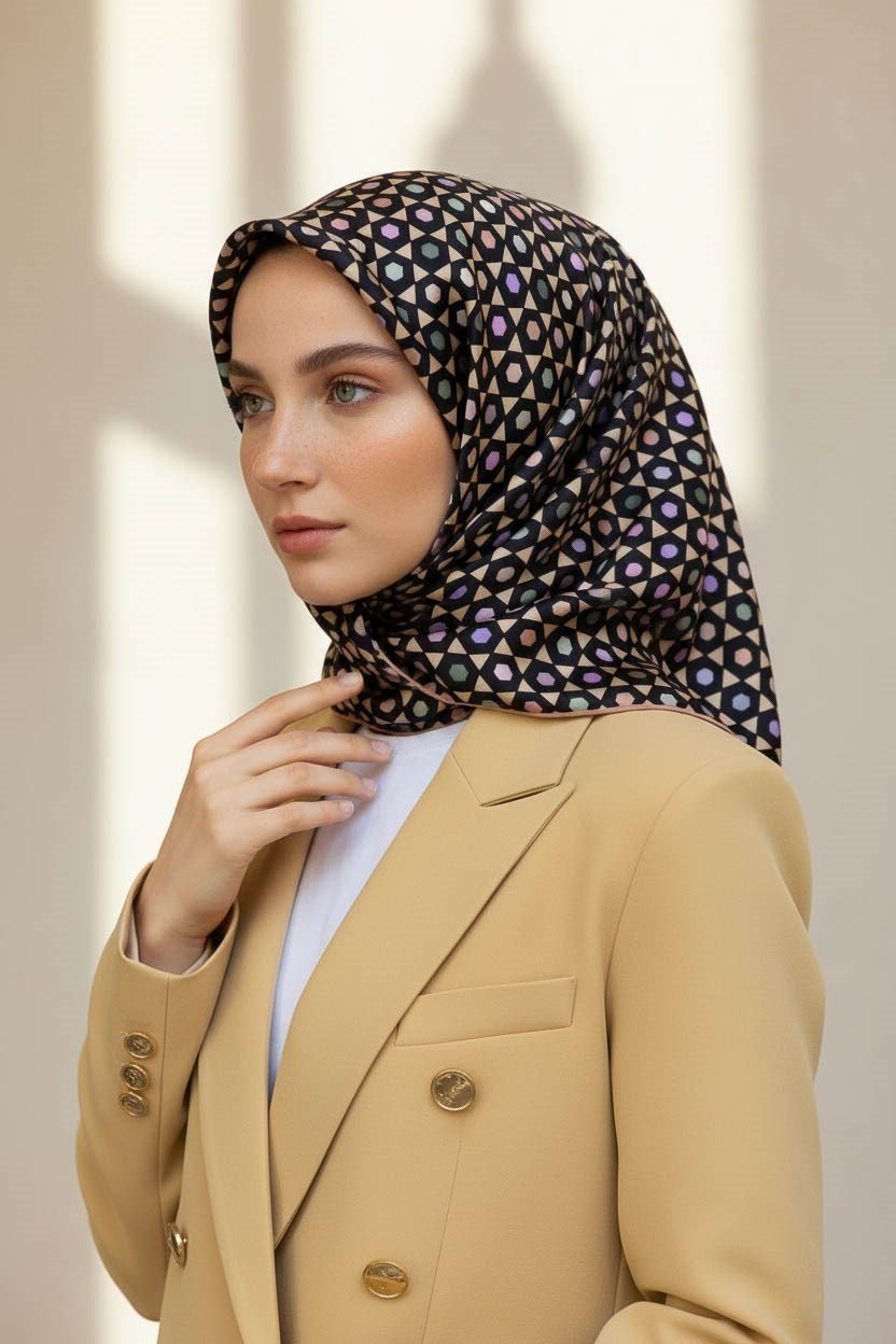 %100 Twill İpek Nokta Desenli Siyah - Bakır Renkli 90x90 Eşarp Dikim Şekli : El Dikişi