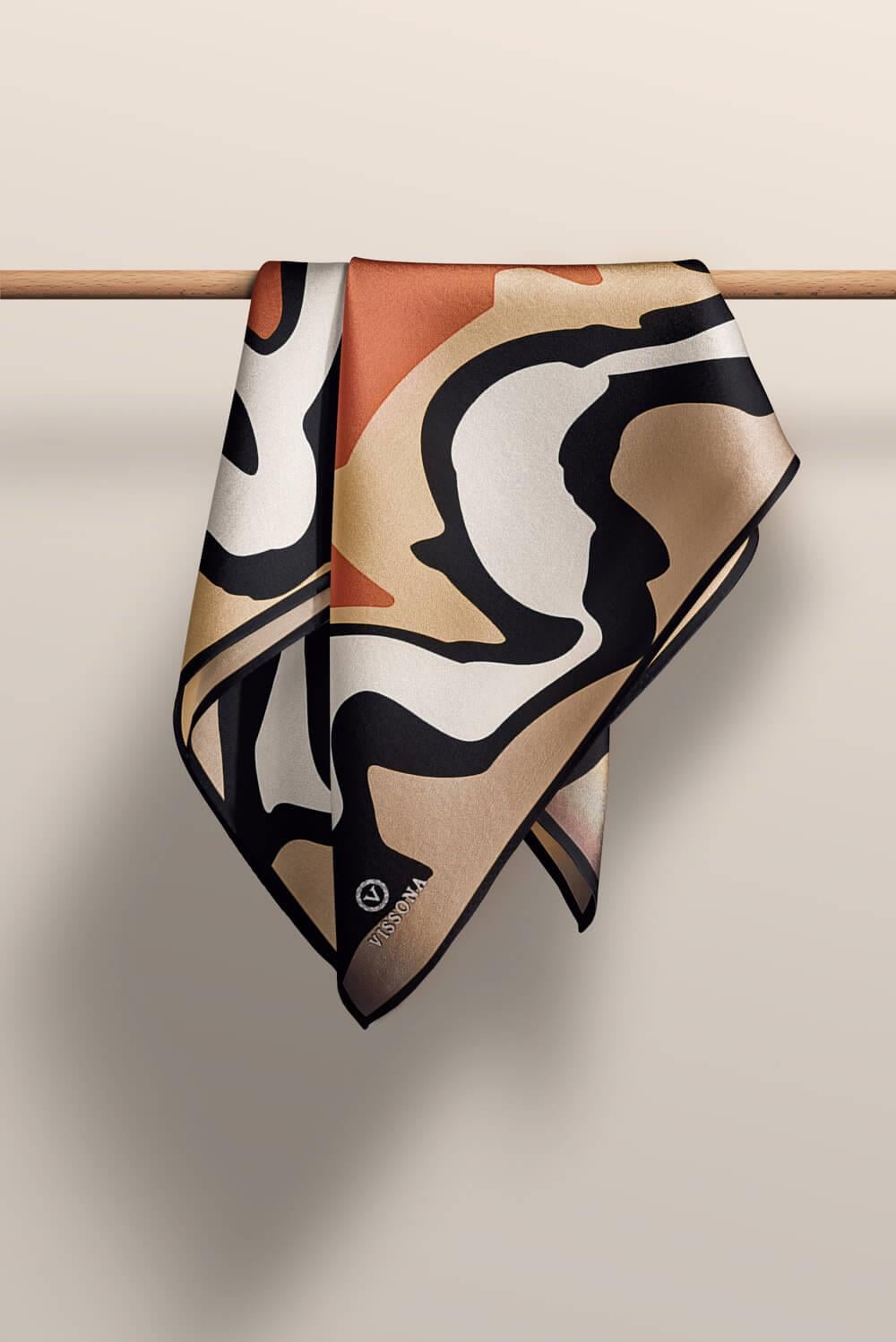 100% Twill İpek Dalga Desenli Hardal - Taba Renkli 90x90 Dikim Şekli : El Dikişi Eşarp