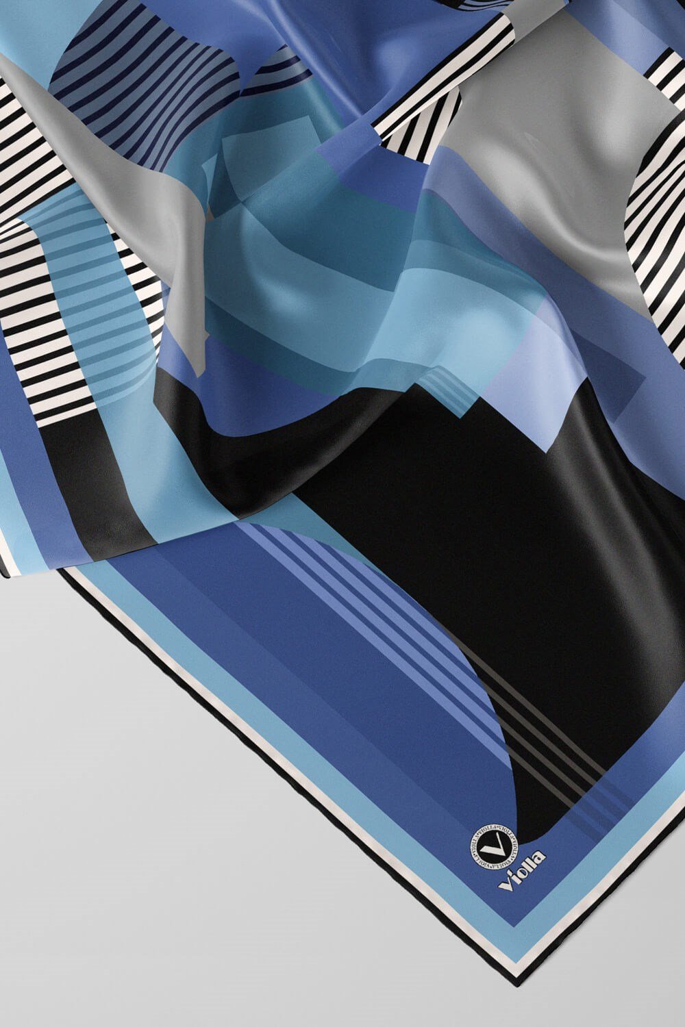 Twill Çizgili Ve Geometrik Desenli Bebe Mavisi Renkli 90x90 Eşarp (İpek İçermez) Kenar Dikiş Şekli El Dikişli
