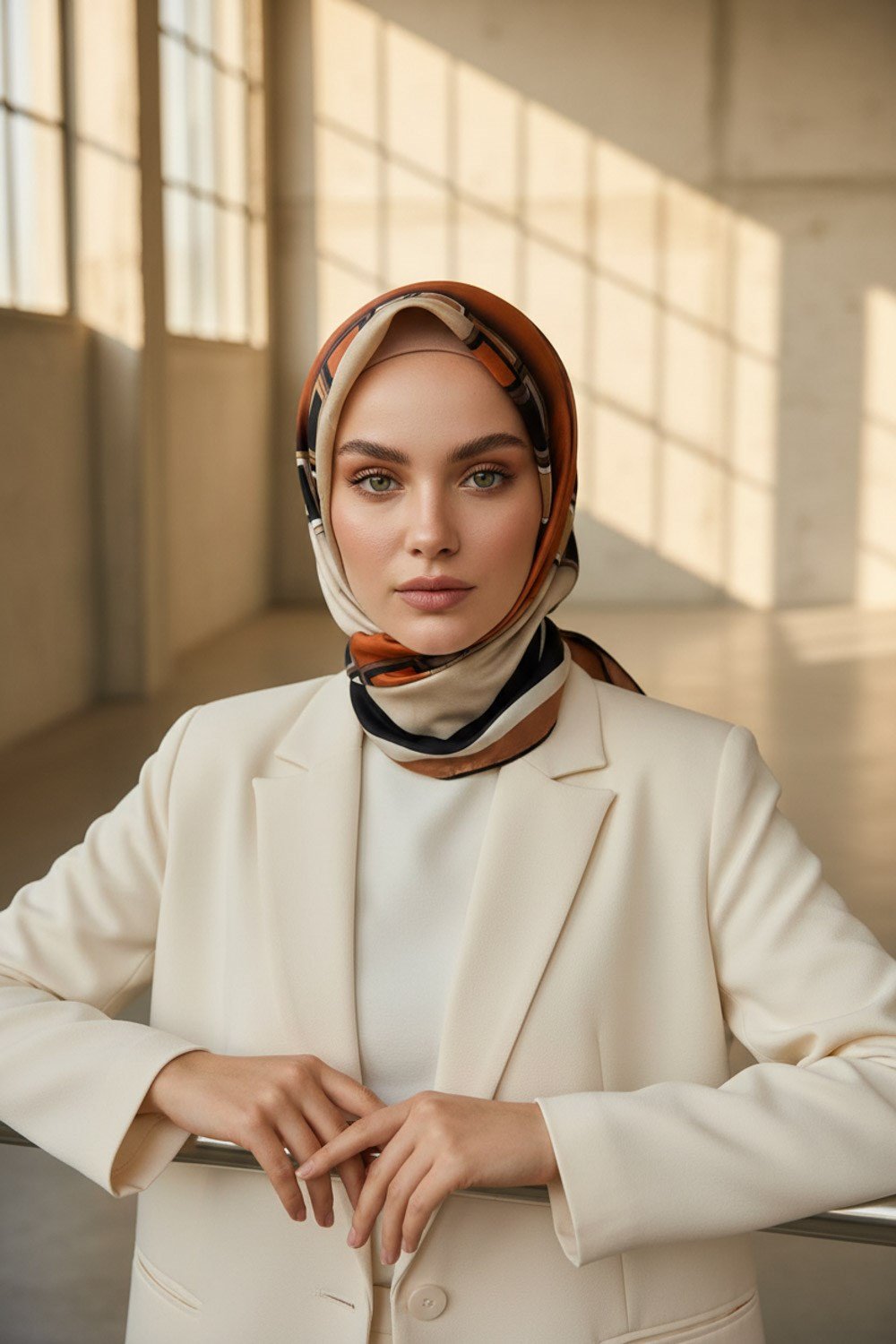 %100 Twill İpek Geometrik Desenli Taba - Krem Renkli 90x90 Eşarp Dikim Şekli : El Dikişi