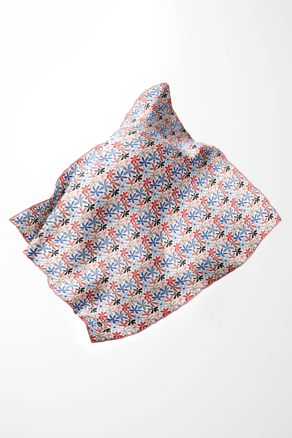 Twill Renkli Çiçek Desenli Pudra - Bebe Mavisi Renkli 90x90 Eşarp (İpek İçermez) Kenar Dikiş Şekli El Dikişli