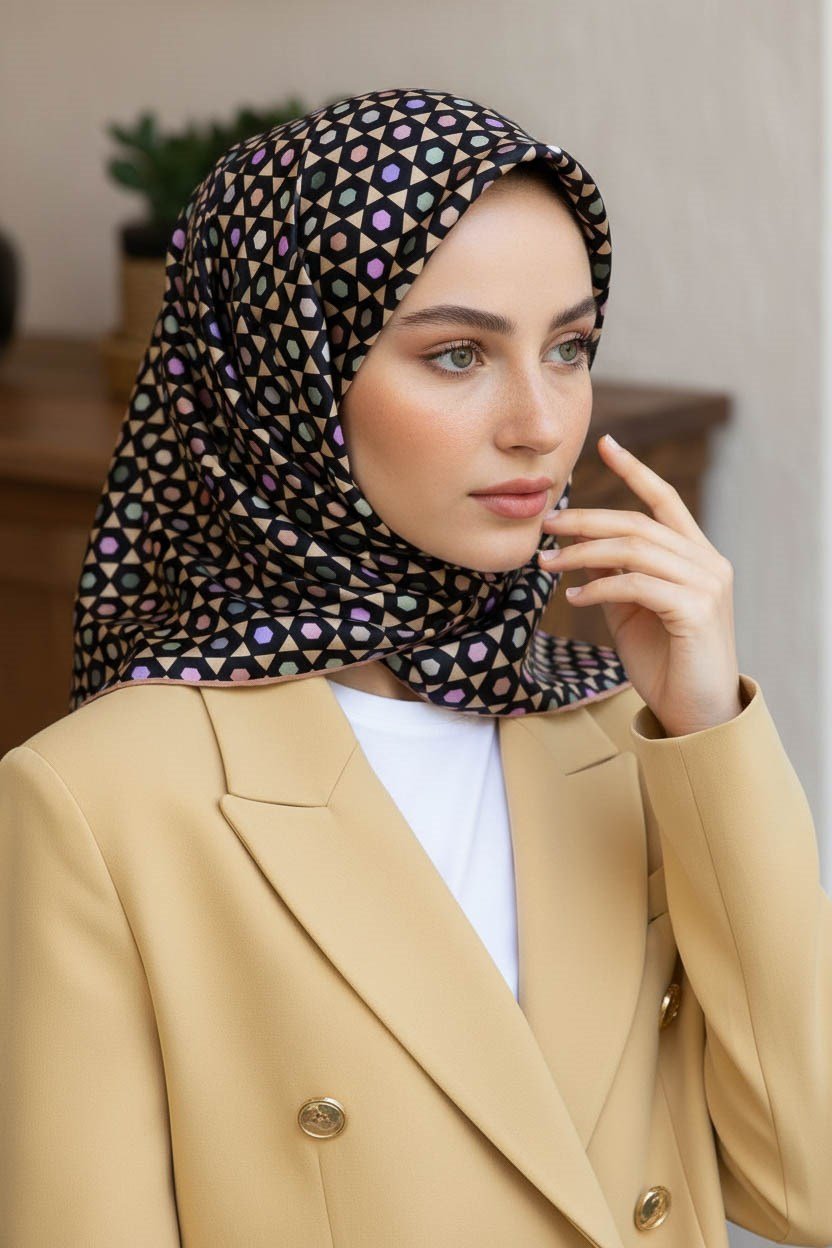 %100 Twill İpek Nokta Desenli Siyah - Bakır Renkli 90x90 Eşarp Dikim Şekli : El Dikişi