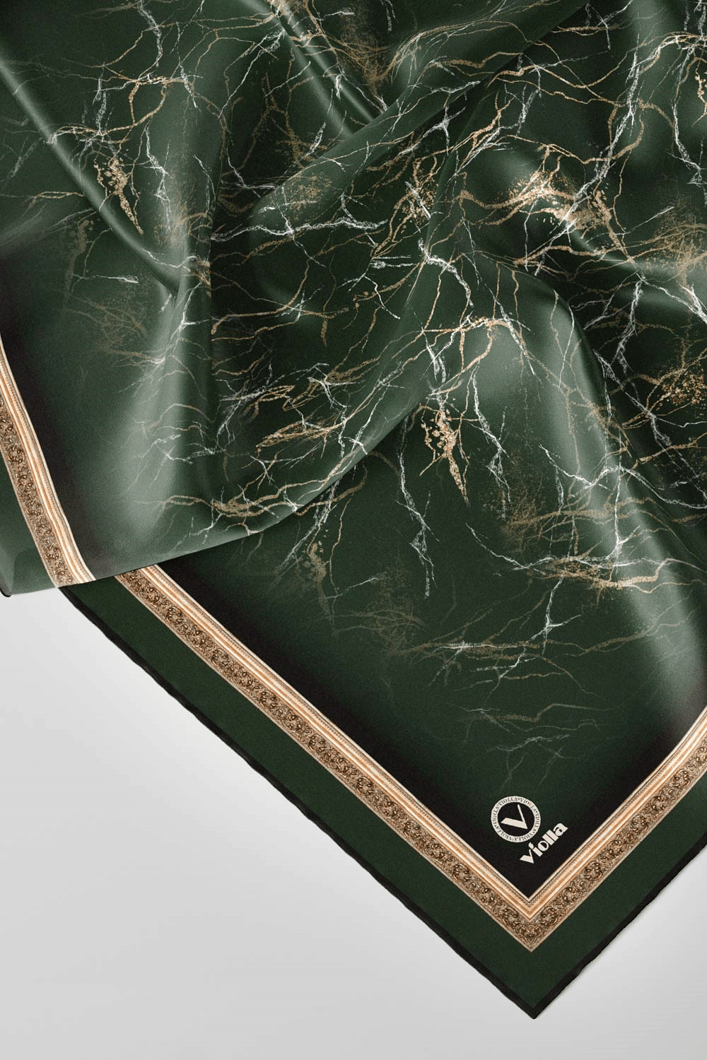 Twill Barok Çerçeveli Mermer Desenli Petrol Yeşili Renkli 90x90 Eşarp (İpek İçermez) Kenar Dikiş Şekli El Dikişli