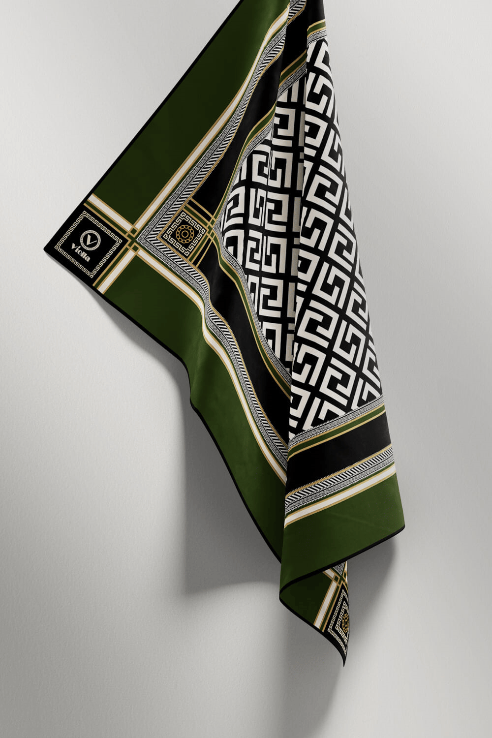 Twill Antik Desenli Zümrüt Yeşili Renkli 90x90 Eşarp (İpek İçermez) Kenar Dikiş Şekli El Dikişli