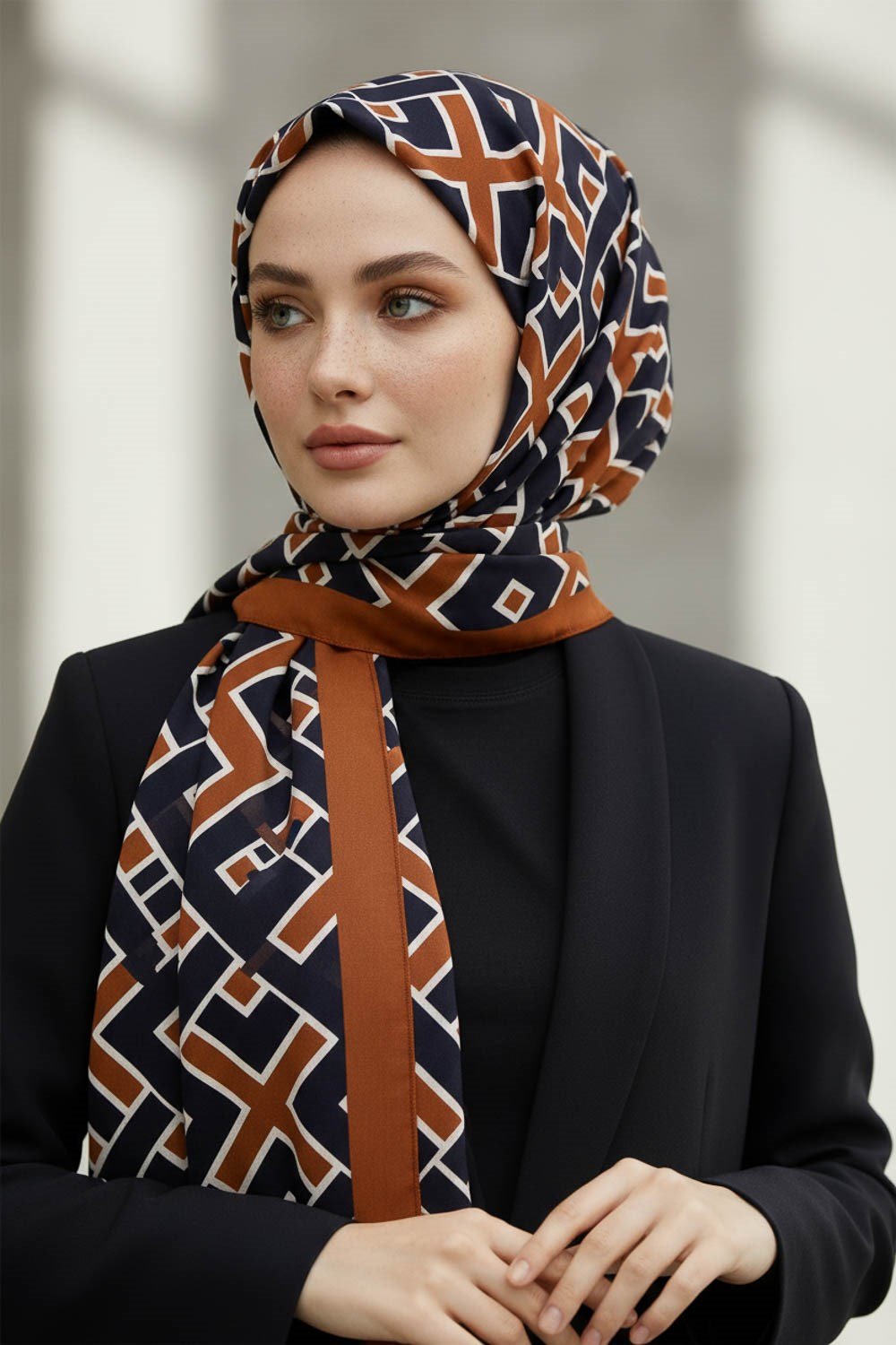 KREP GEOMETRİK DESENLİ TABA RENKLİ 75X195 KIRIŞMAZ ŞAL