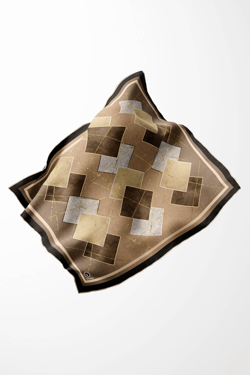 Twill Geometrik Desenli Bej Renkli 90x90 Eşarp (İpek İçermez) Kenar Dikiş Şekli El Dikişli