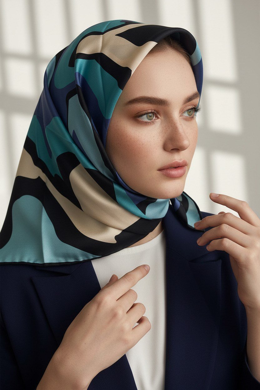 100% Twill İpek Dalga Desenli İndigo - Petrol Mavisi Renkli 90x90 Dikim Şekli : El Dikişi Eşarp