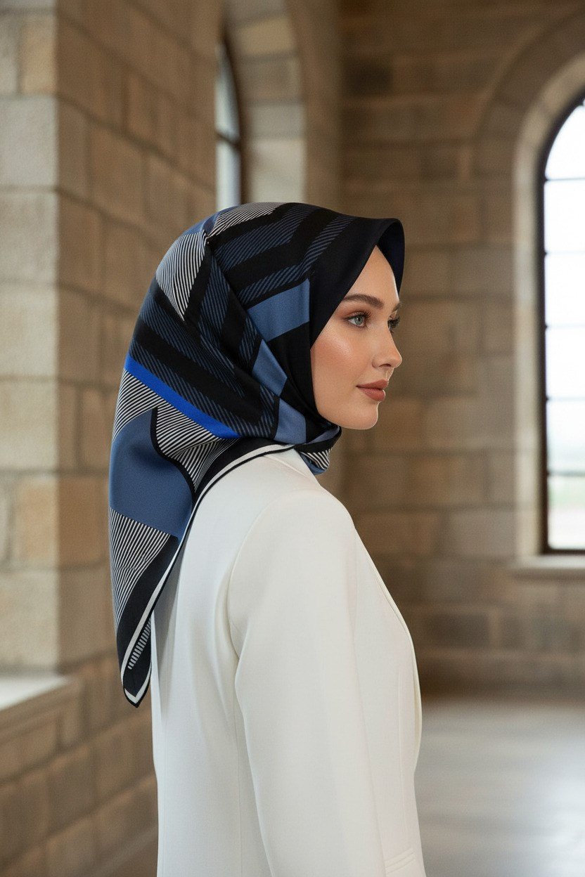 %100 Twill İpek Eşarp 90x90 Saks Siyah Geometrik Desenli El Dikişli Kadın Eşarp