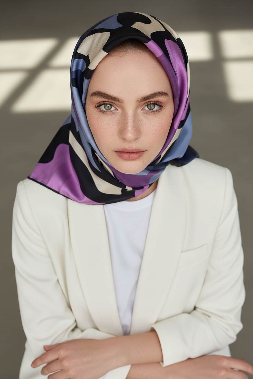 % 57 İPEK % 43 VİSKON Twill İpek Dalga Desenli İndigo - Lila Renkli 90x90 Dikim Şekli : El Dikişi Eşarp