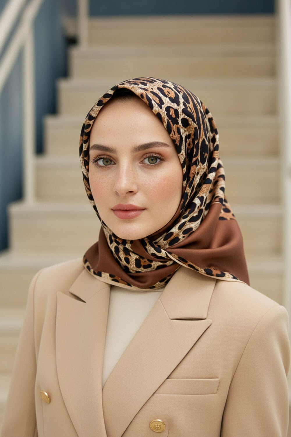 %100 Twill İpek Leopar Desenli Sütlü Kahve Renkli 90x90 Eşarp Dikim Şekli : El Dikişi