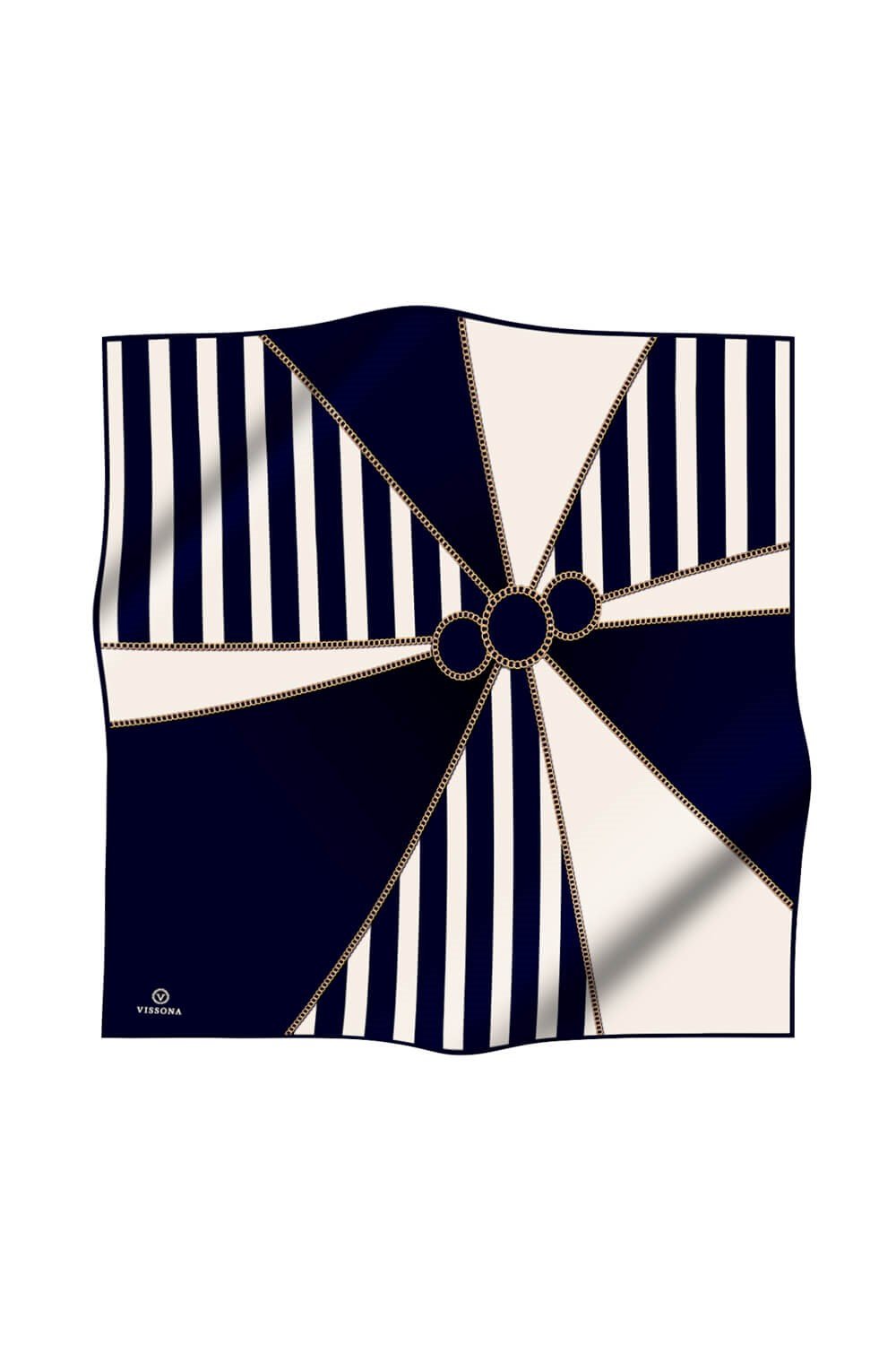 %100 Twill İpek Zincirli Çizgi Desenli Lacivert - Krem Renkli 90x90 Eşarp Dikim Şekli : El Dikişi